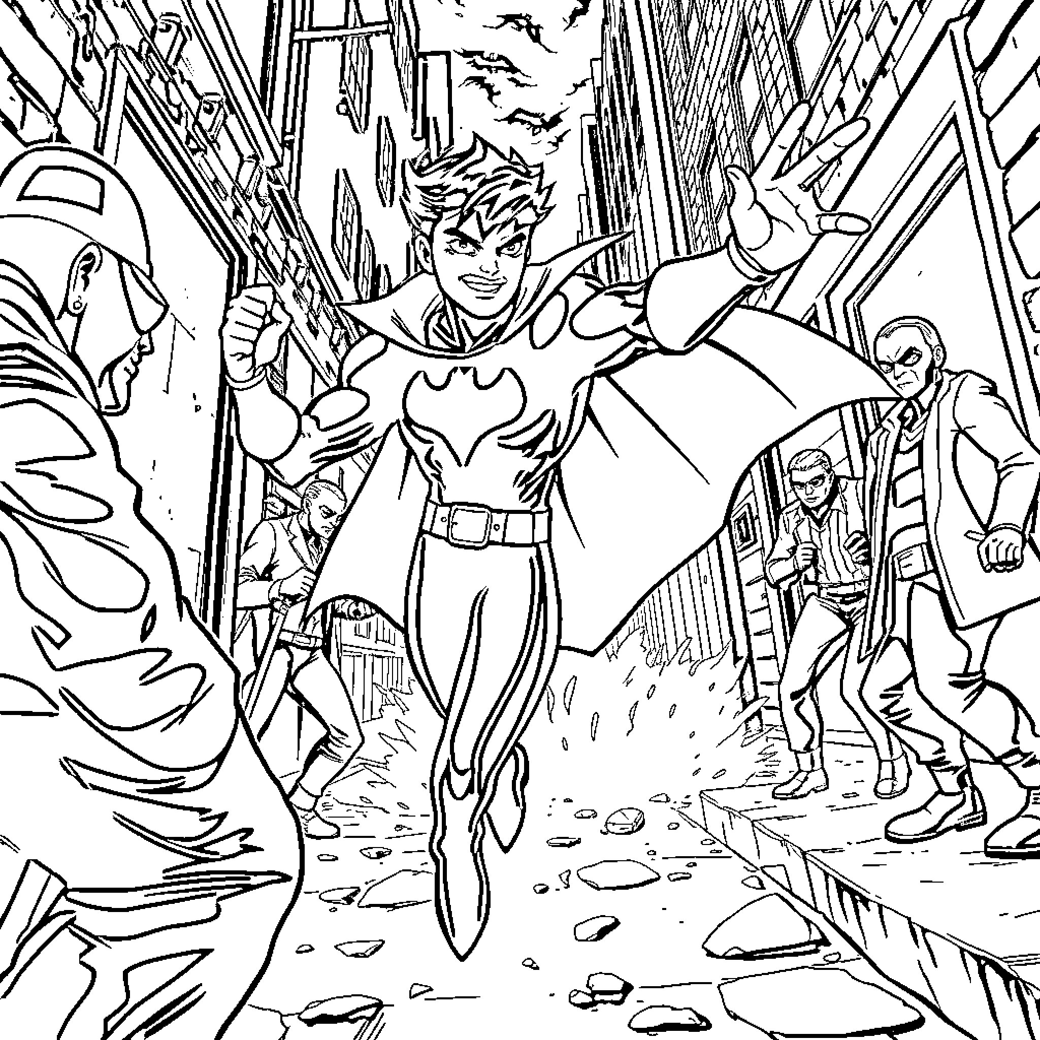 Danny Phantom in Action-Packed Superhero Scenes Coloring Page (free black-and-white line drawing printable PDF for all, from beginners to advanced learners, including children, teens, adults, and seniors)