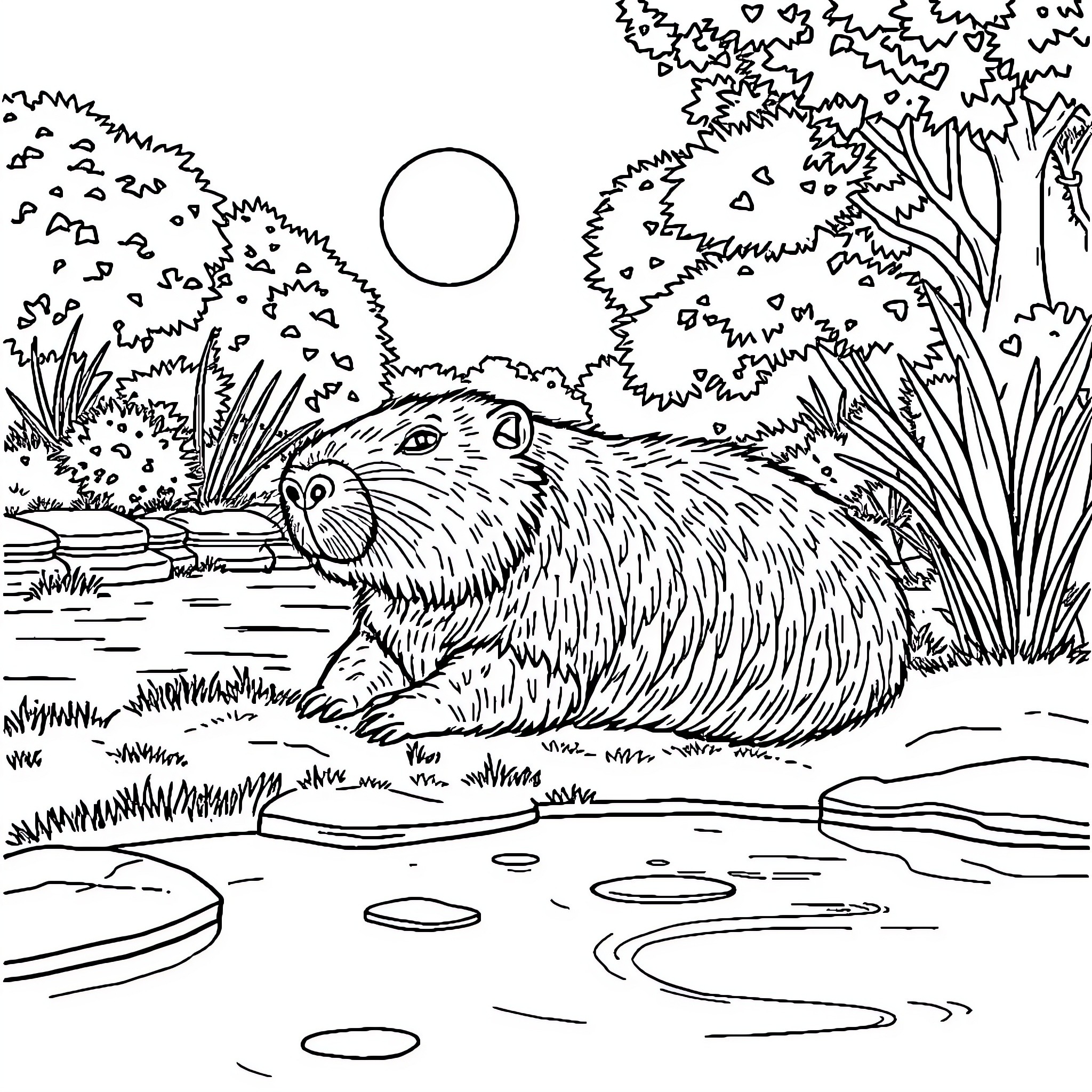 Capybara enjoying a peaceful night in the forest Coloring Page (free black-and-white line drawing printable PDF for all, from beginners to advanced learners, including children, teens, adults, and seniors)