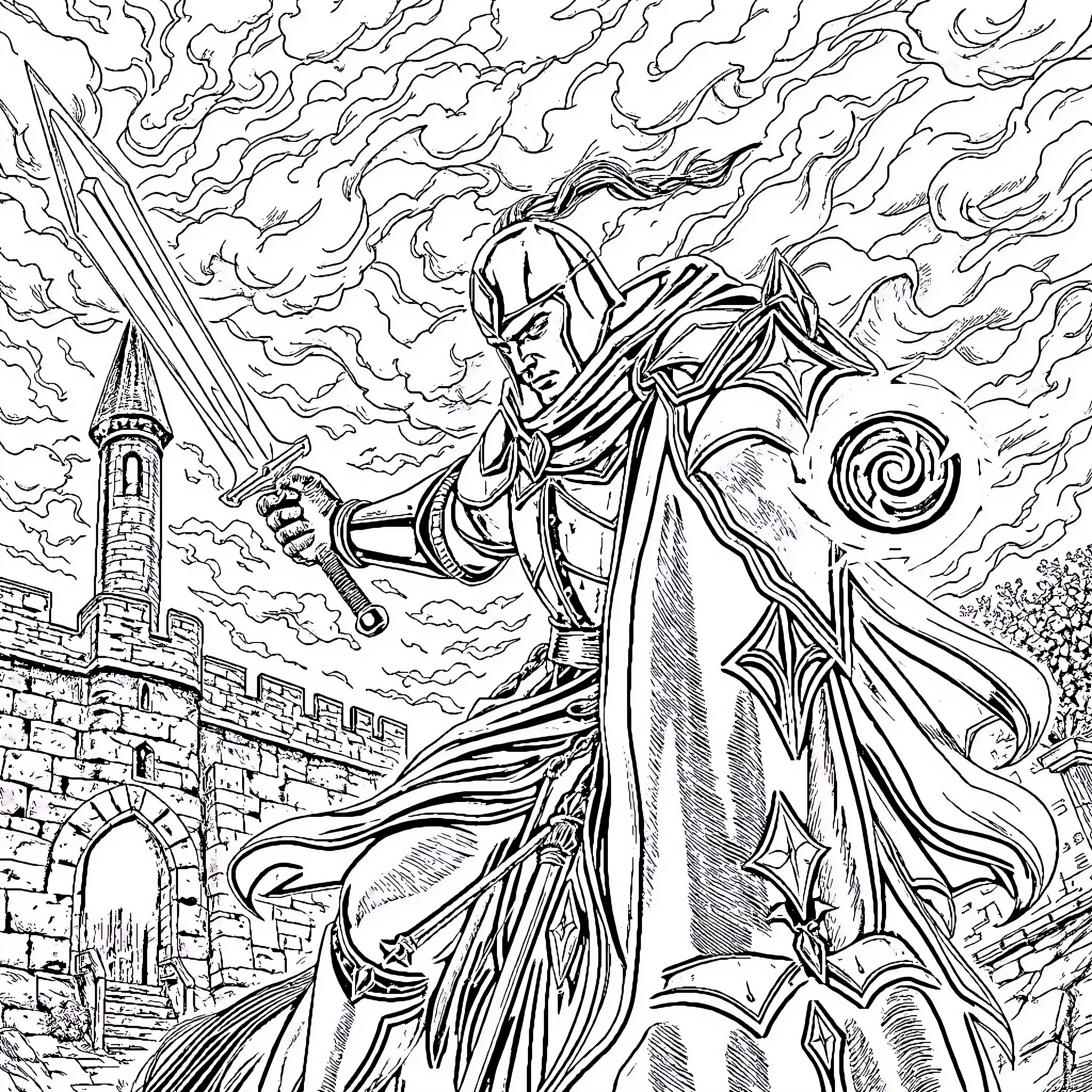 Knight in Heroic Stance Amid Fantastical Scenery Coloring Page (free black-and-white line drawing printable PDF for all, from beginners to advanced learners, including children, teens, adults, and seniors)