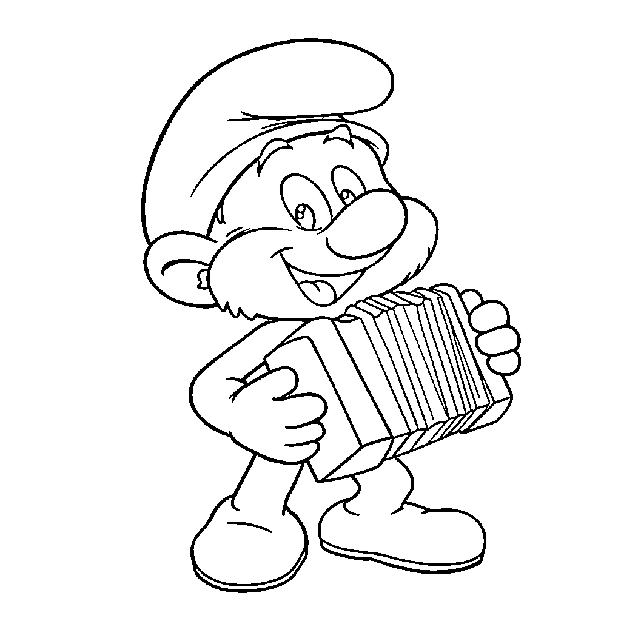 Smurf playing happily with accordion Coloring Page (free black-and-white line drawing printable PDF for all, from beginners to advanced learners, including children, teens, adults, and seniors)