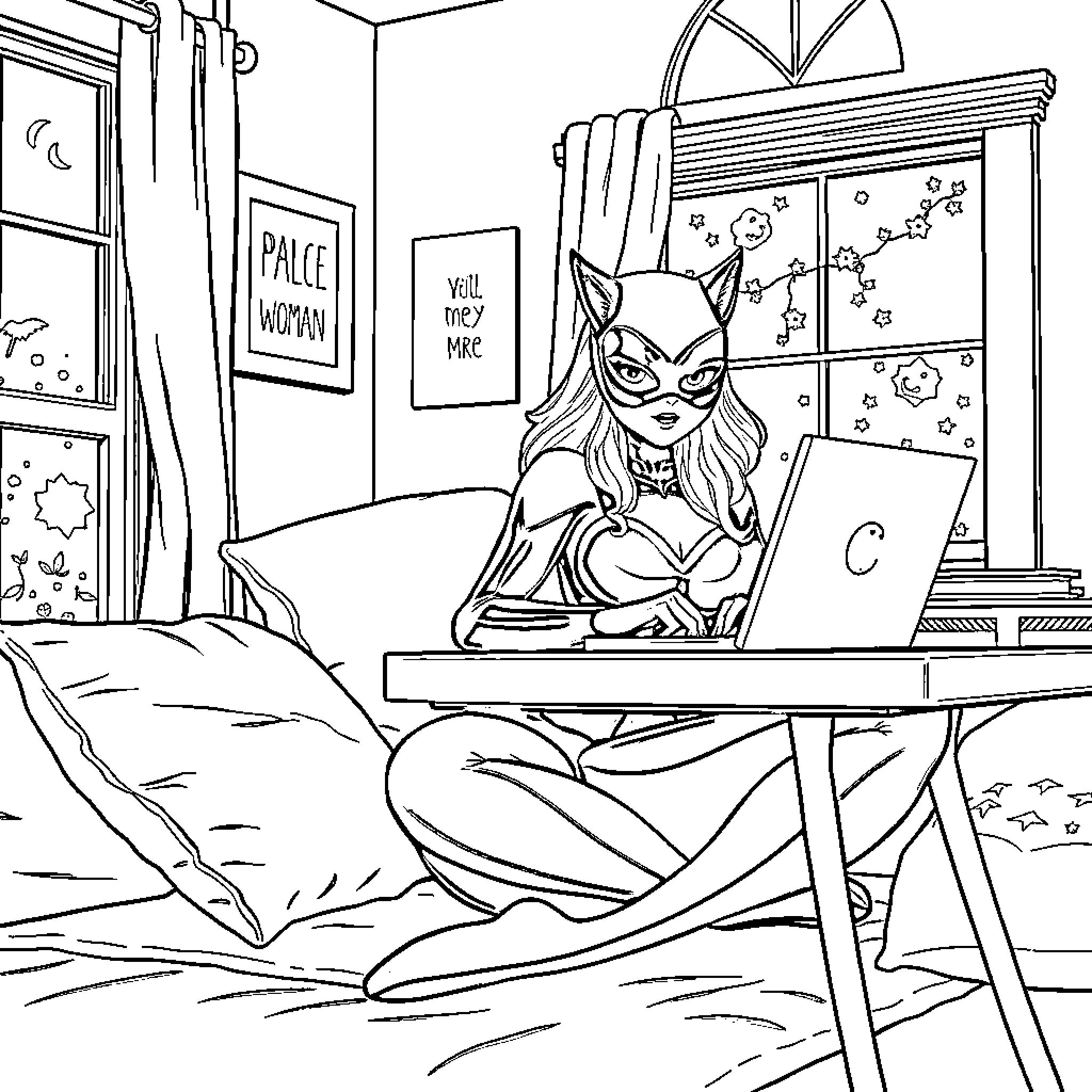Cat Woman working diligently on her computer Coloring Page (free black-and-white line drawing printable PDF for all, from beginners to advanced learners, including children, teens, adults, and seniors)