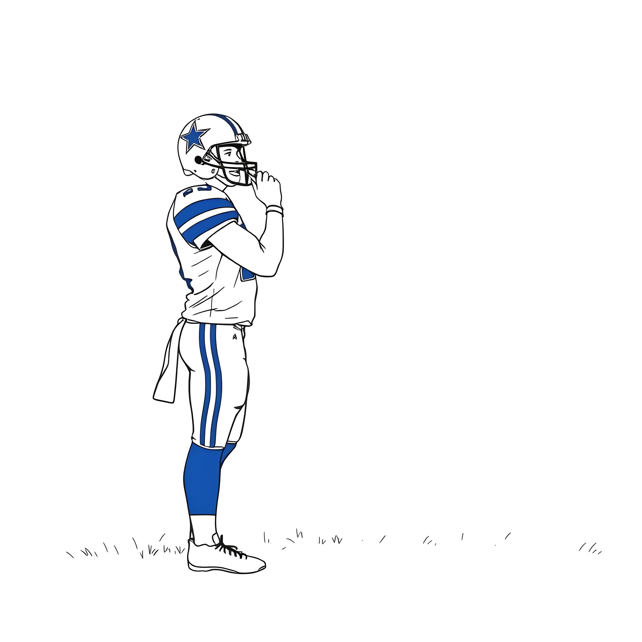 Dallas Cowboys player in contemplation Coloring Page (free black-and-white line drawing printable PDF for all, from beginners to advanced learners, including children, teens, adults, and seniors)