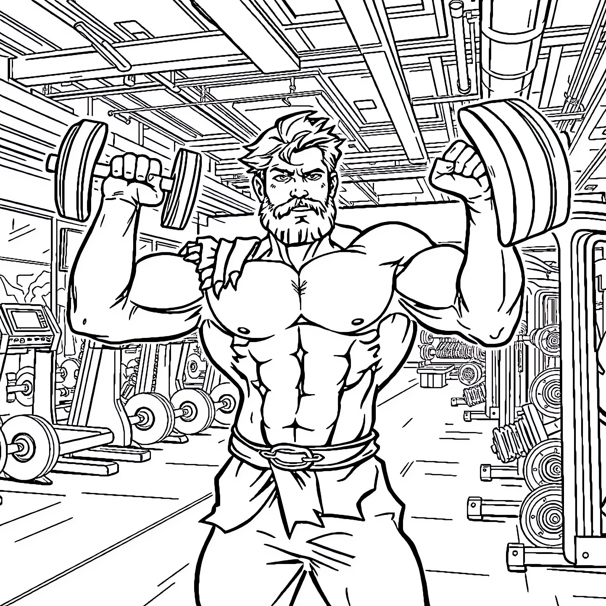 Hercules Lifting Weights in Gym Coloring Page (free black-and-white line drawing printable PDF for all, from beginners to advanced learners, including children, teens, adults, and seniors)