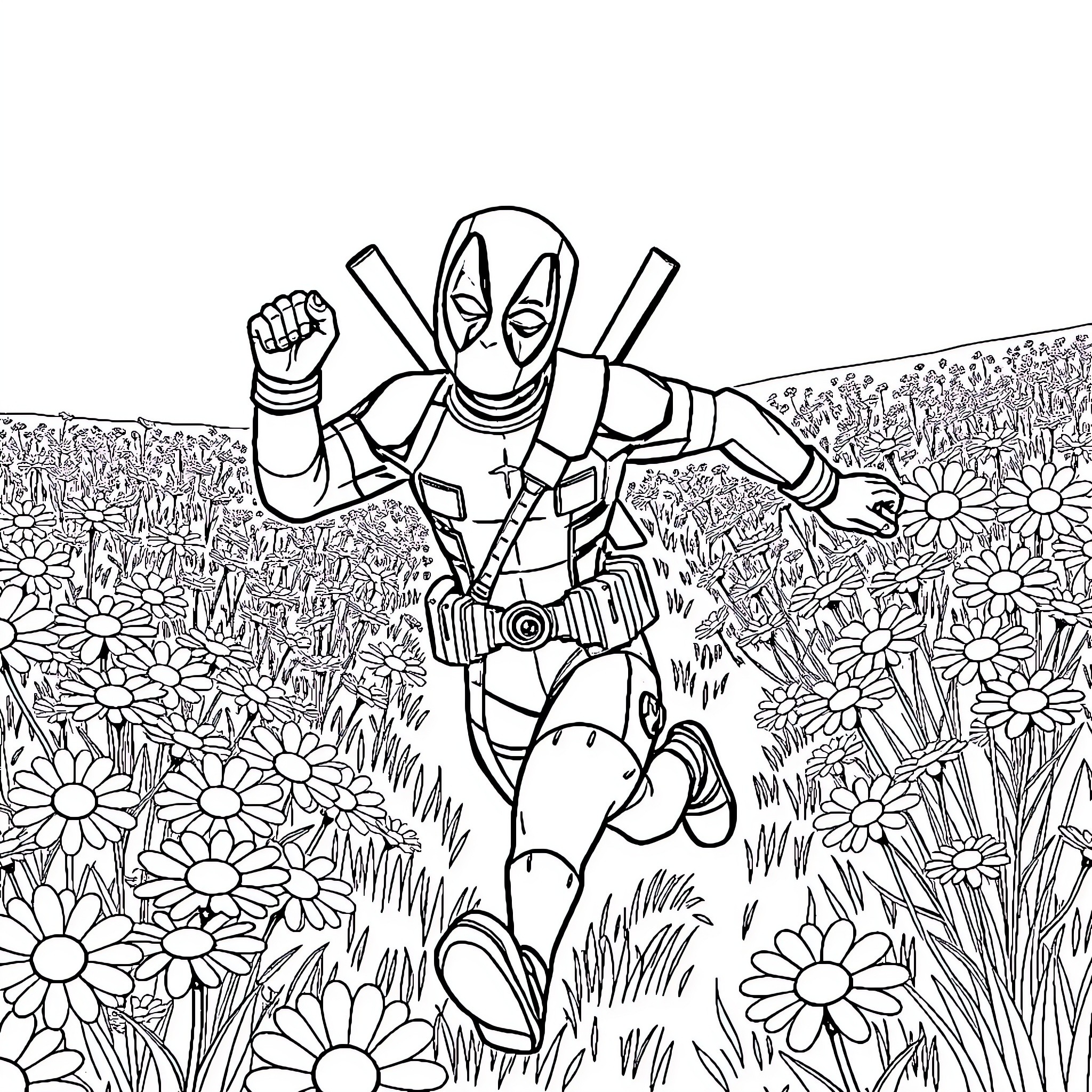 Deadpool's Cheerful Antics in a Floral Meadow Coloring Page (free black-and-white line drawing printable PDF for all, from beginners to advanced learners, including children, teens, adults, and seniors)