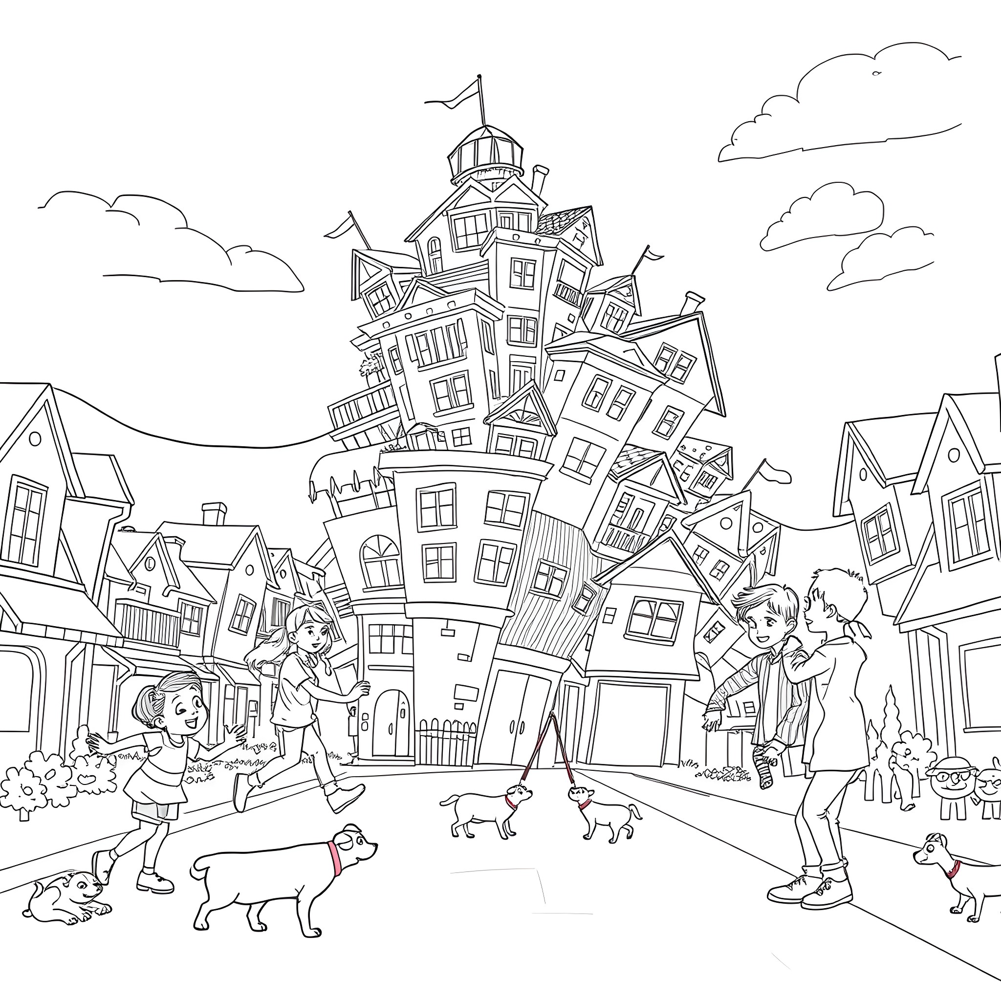 Kid Exploring the Whimsical Cityscape with Friends Coloring Page (free black-and-white line drawing printable PDF for all, from beginners to advanced learners, including children, teens, adults, and seniors)