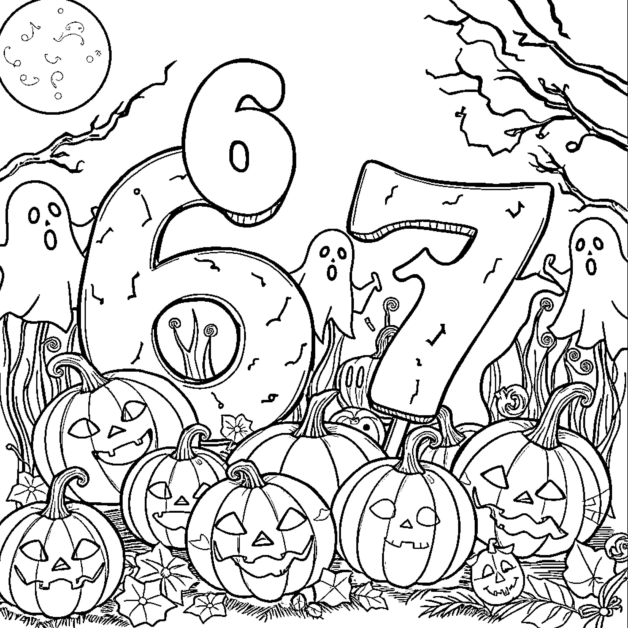 Number 31 Spooky Halloween Scene with Pumpkins and Ghosts Coloring Page (free black-and-white line drawing printable PDF for all, from beginners to advanced learners, including children, teens, adults, and seniors)