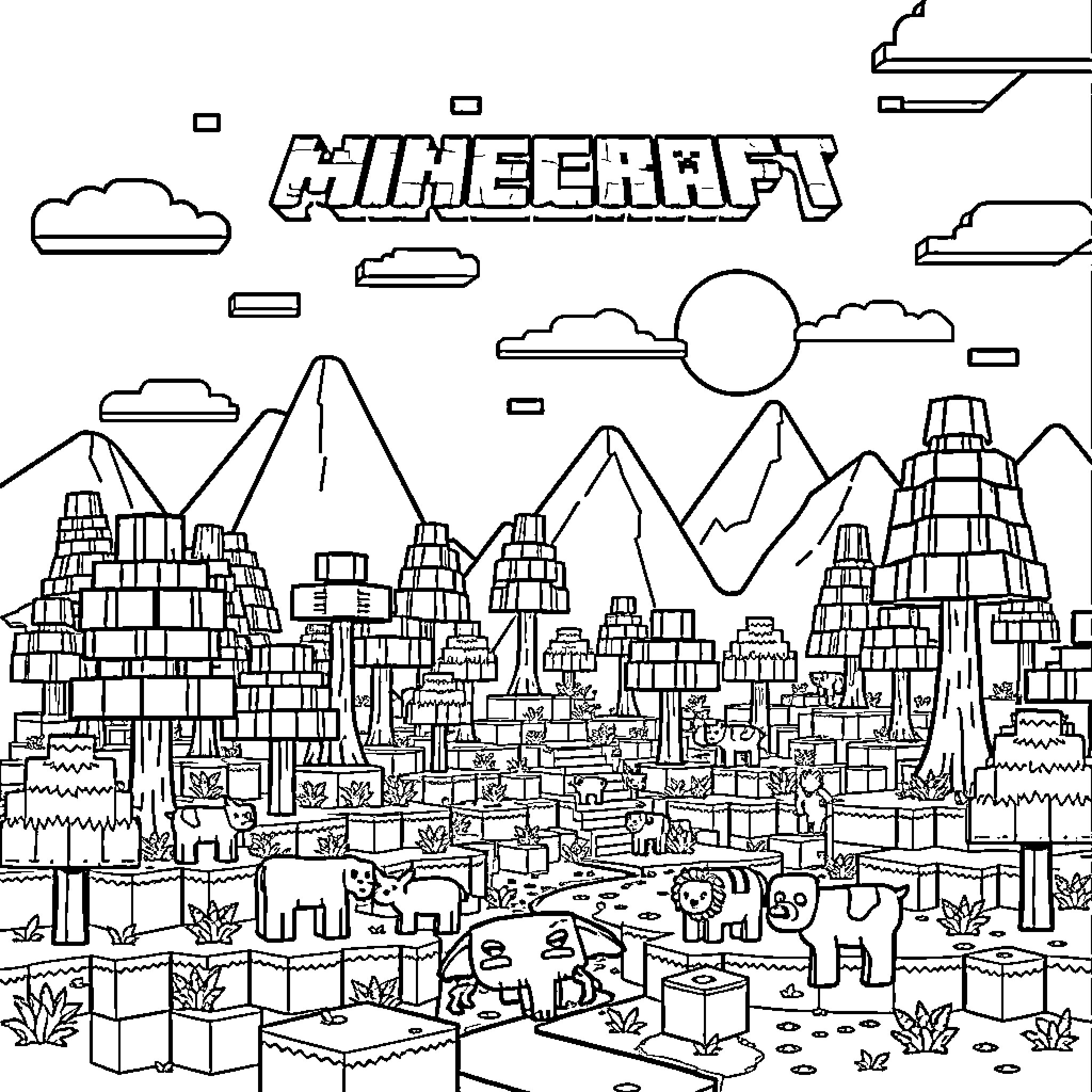 Minecraft Landscape with Diverse Structures and Creatures Coloring Page (free black-and-white line drawing printable PDF for all, from beginners to advanced learners, including children, teens, adults, and seniors)
