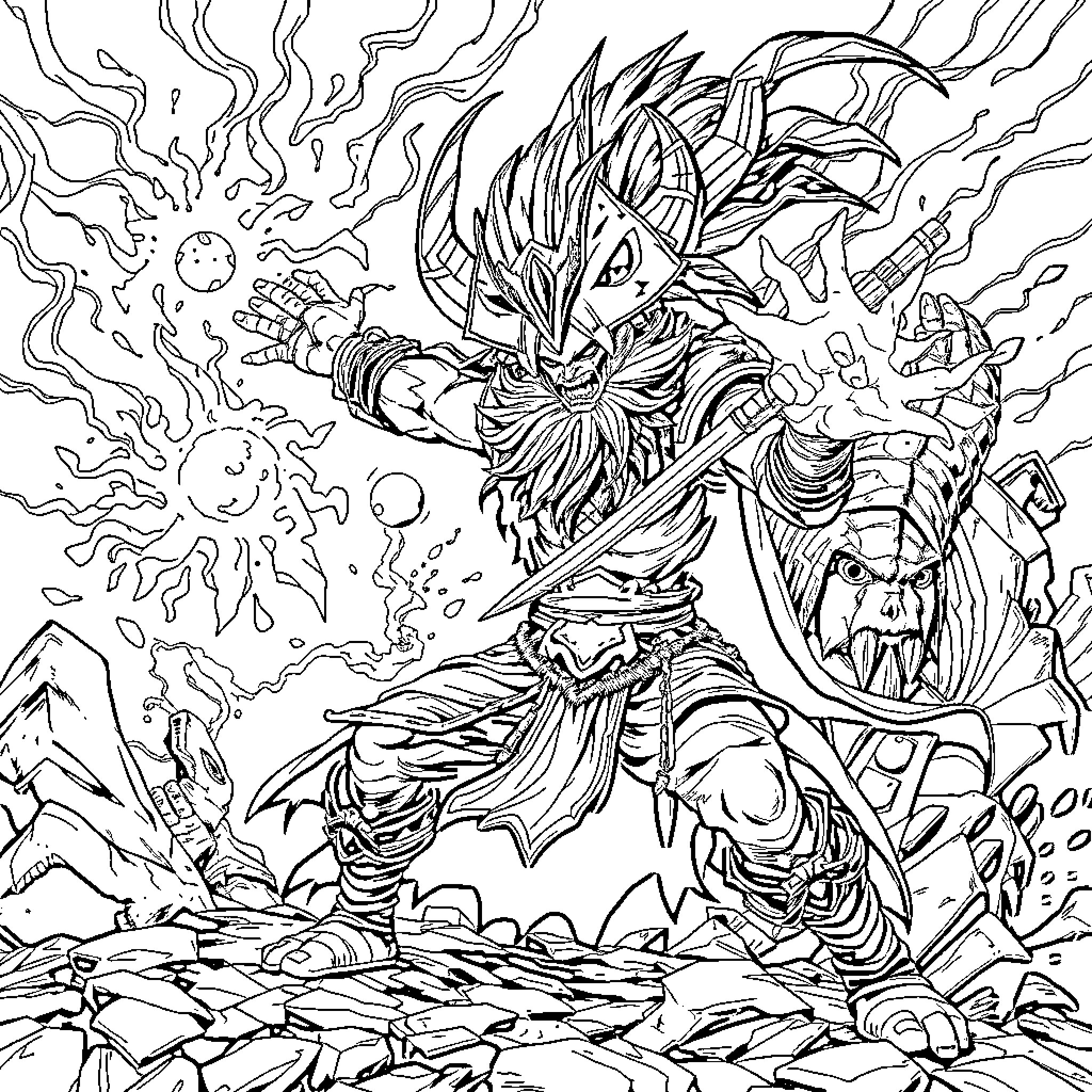 Resto Shaman Wielding Powerful Elemental Magic Coloring Page (free black-and-white line drawing printable PDF for all, from beginners to advanced learners, including children, teens, adults, and seniors)