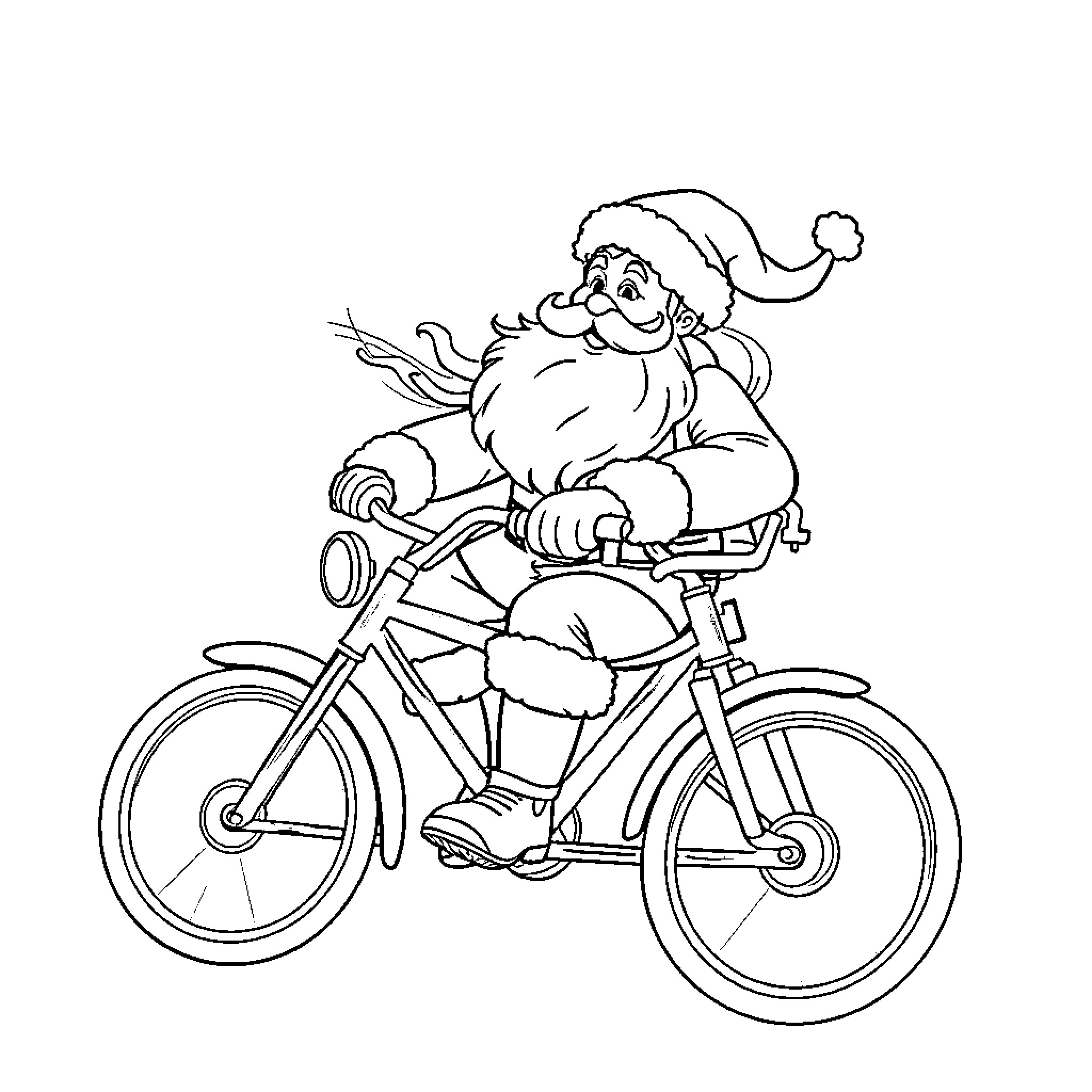 Santa Claus riding a bicycle happily Coloring Page (free black-and-white line drawing printable PDF for all, from beginners to advanced learners, including children, teens, adults, and seniors)