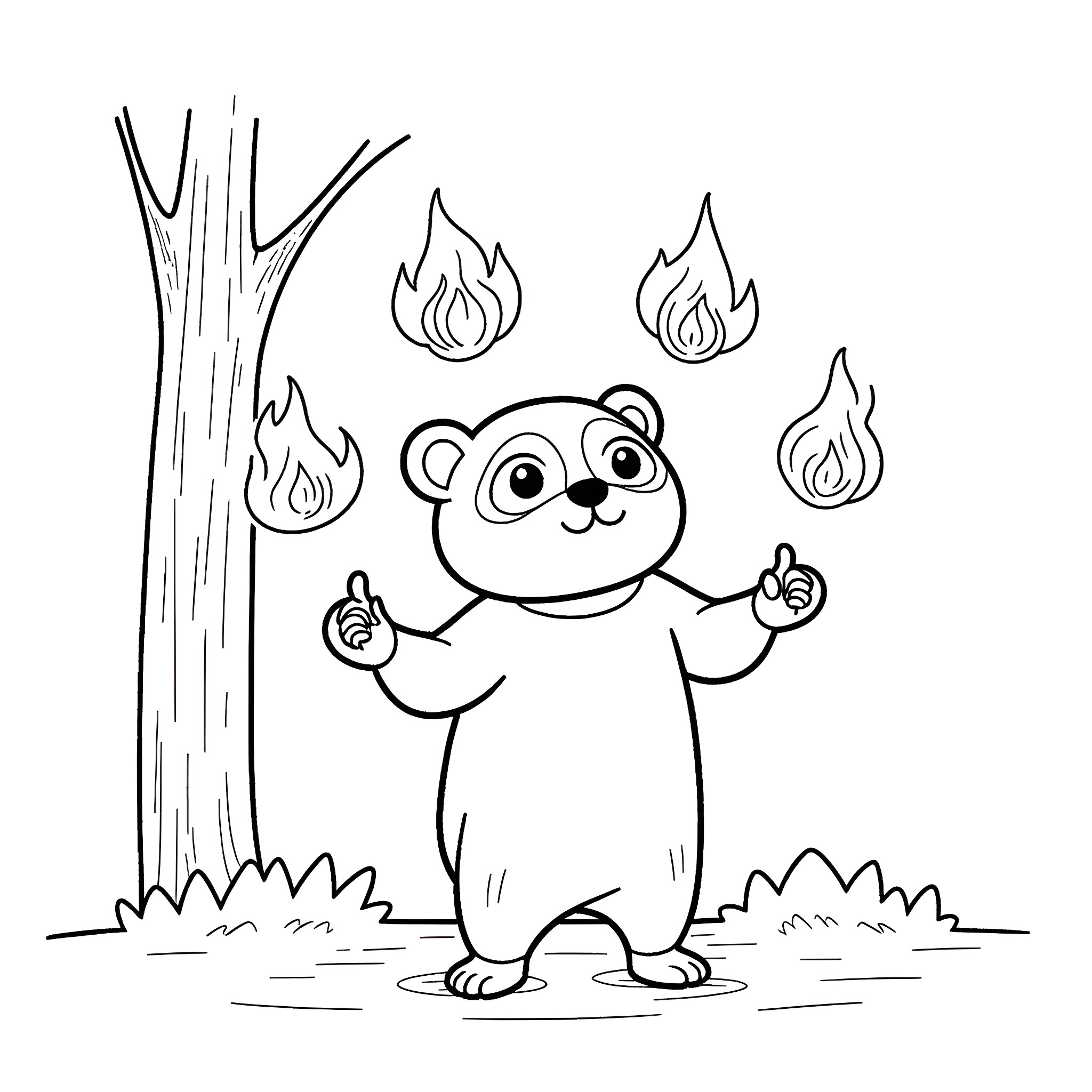 Panda playing in a fiery forest scene Coloring Page (free black-and-white line drawing printable PDF for all, from beginners to advanced learners, including children, teens, adults, and seniors)