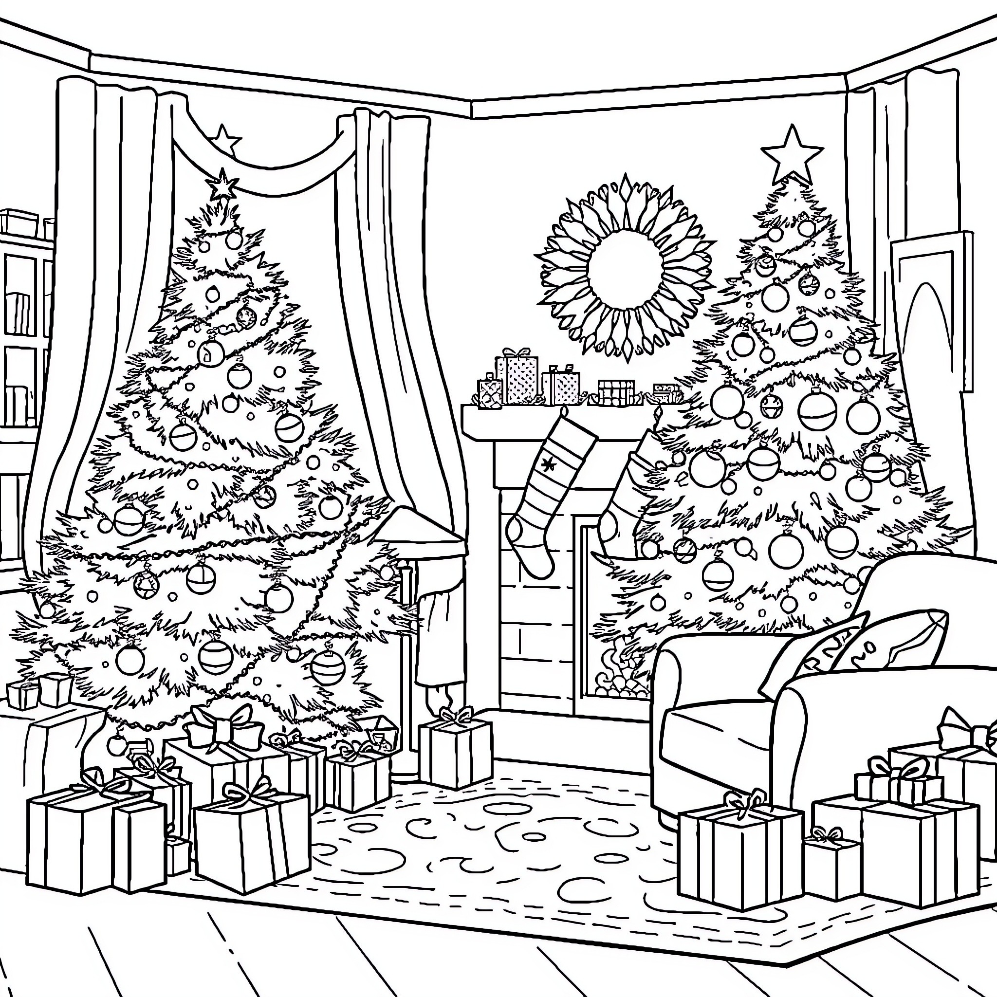 Living Room with Decorated Christmas Trees Coloring Page (free black-and-white line drawing printable PDF for all, from beginners to advanced learners, including children, teens, adults, and seniors)