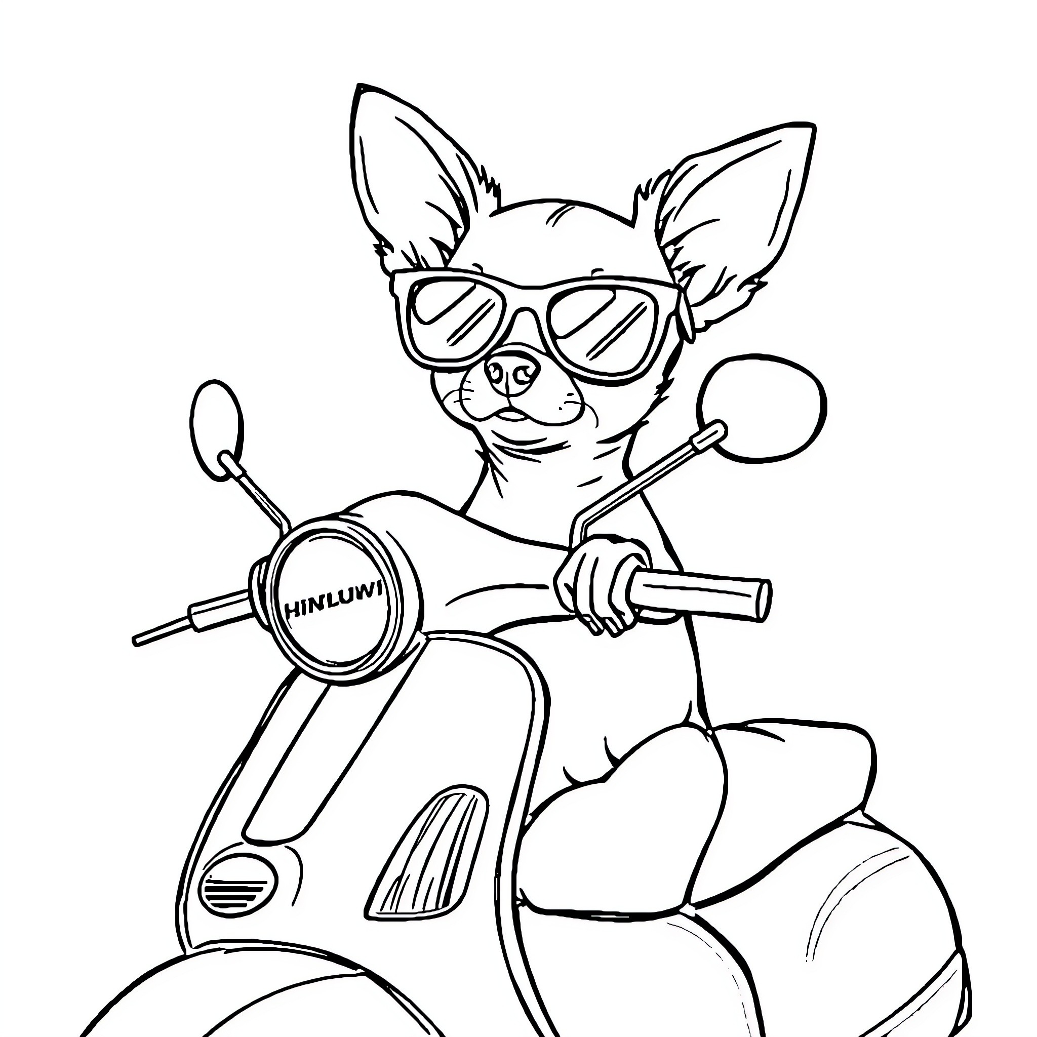 Chihuahua riding a scooter in stylish sunglasses Coloring Page (free black-and-white line drawing printable PDF for all, from beginners to advanced learners, including children, teens, adults, and seniors)