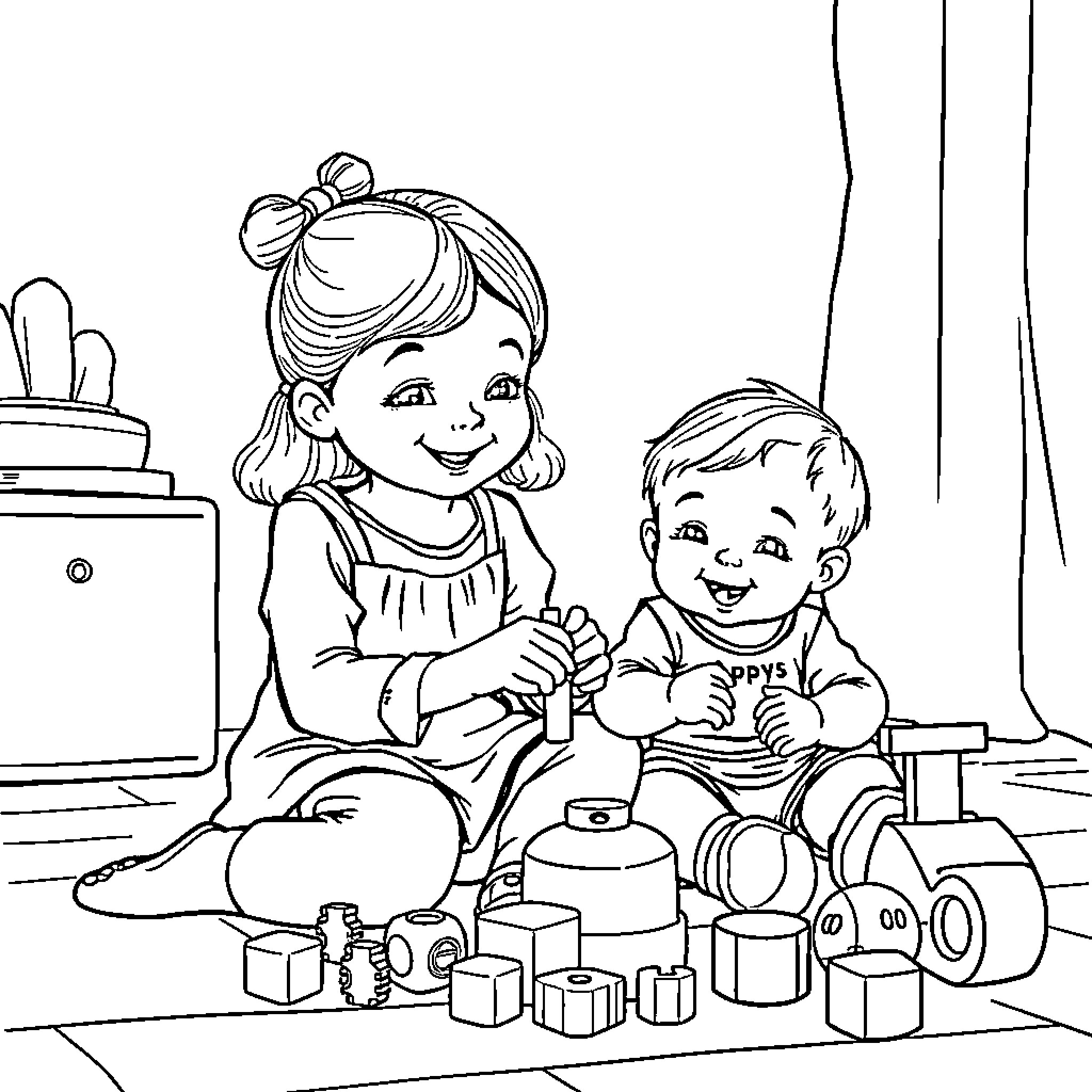 Child playing with toys happily together Coloring Page (free black-and-white line drawing printable PDF for all, from beginners to advanced learners, including children, teens, adults, and seniors)