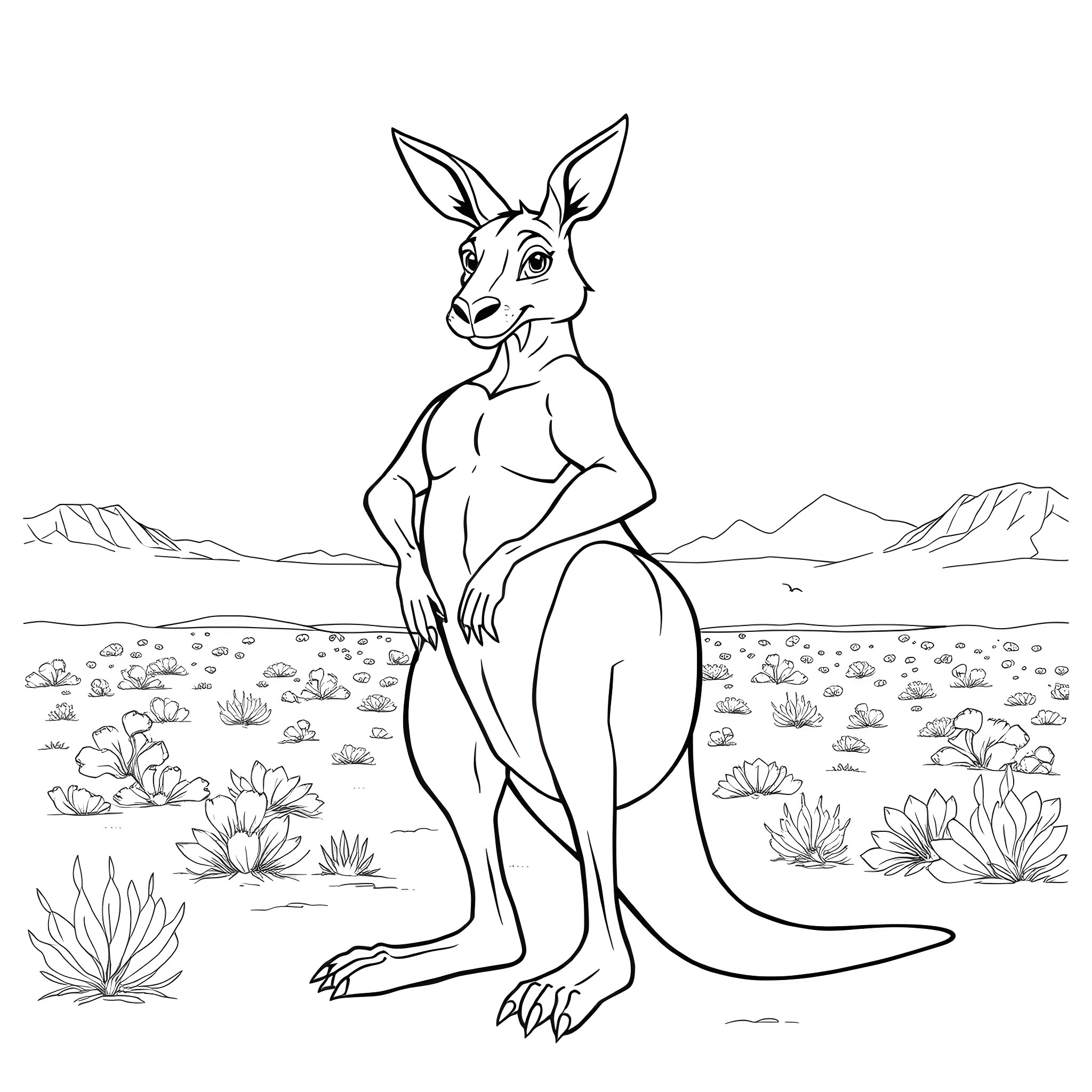 Kangaroo standing in a floral landscape Coloring Page (free black-and-white line drawing printable PDF for all, from beginners to advanced learners, including children, teens, adults, and seniors)