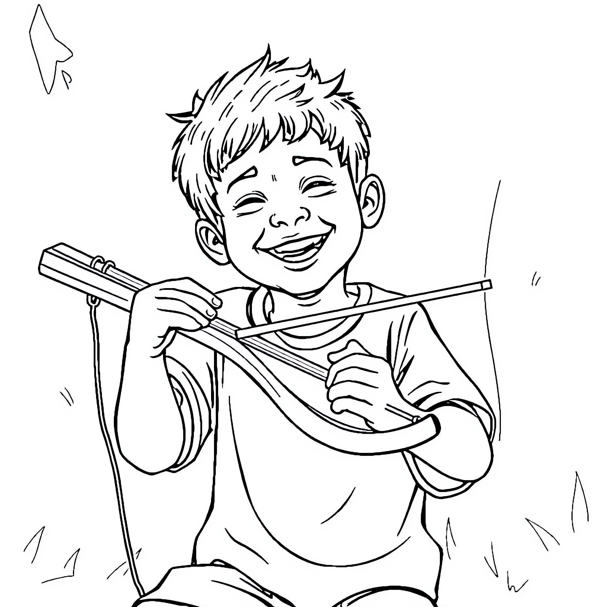 Boy playing happily with his toy Coloring Page (free black-and-white line drawing printable PDF for all, from beginners to advanced learners, including children, teens, adults, and seniors)