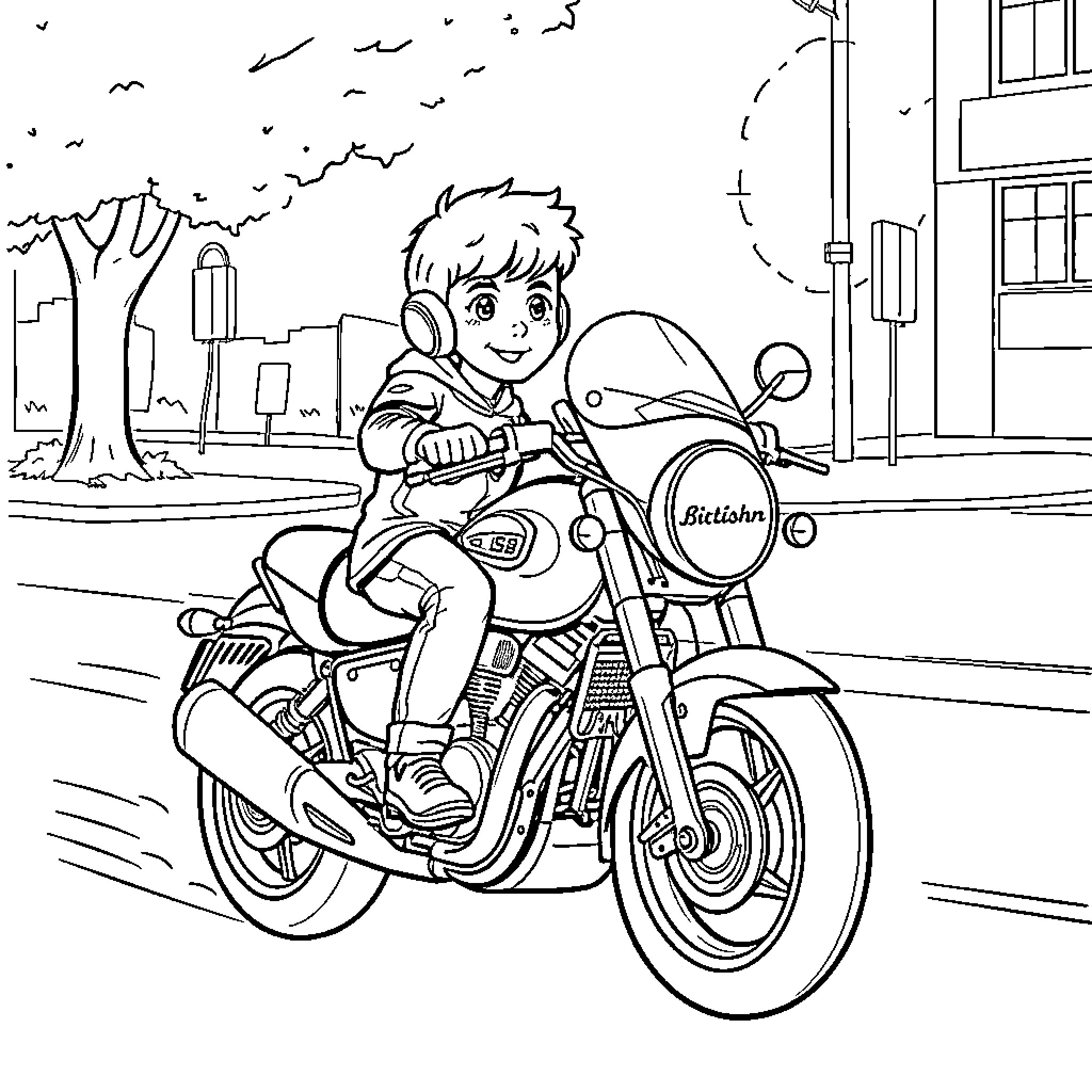 Boy riding a motorcycle in the city Coloring Page (free black-and-white line drawing printable PDF for all, from beginners to advanced learners, including children, teens, adults, and seniors)
