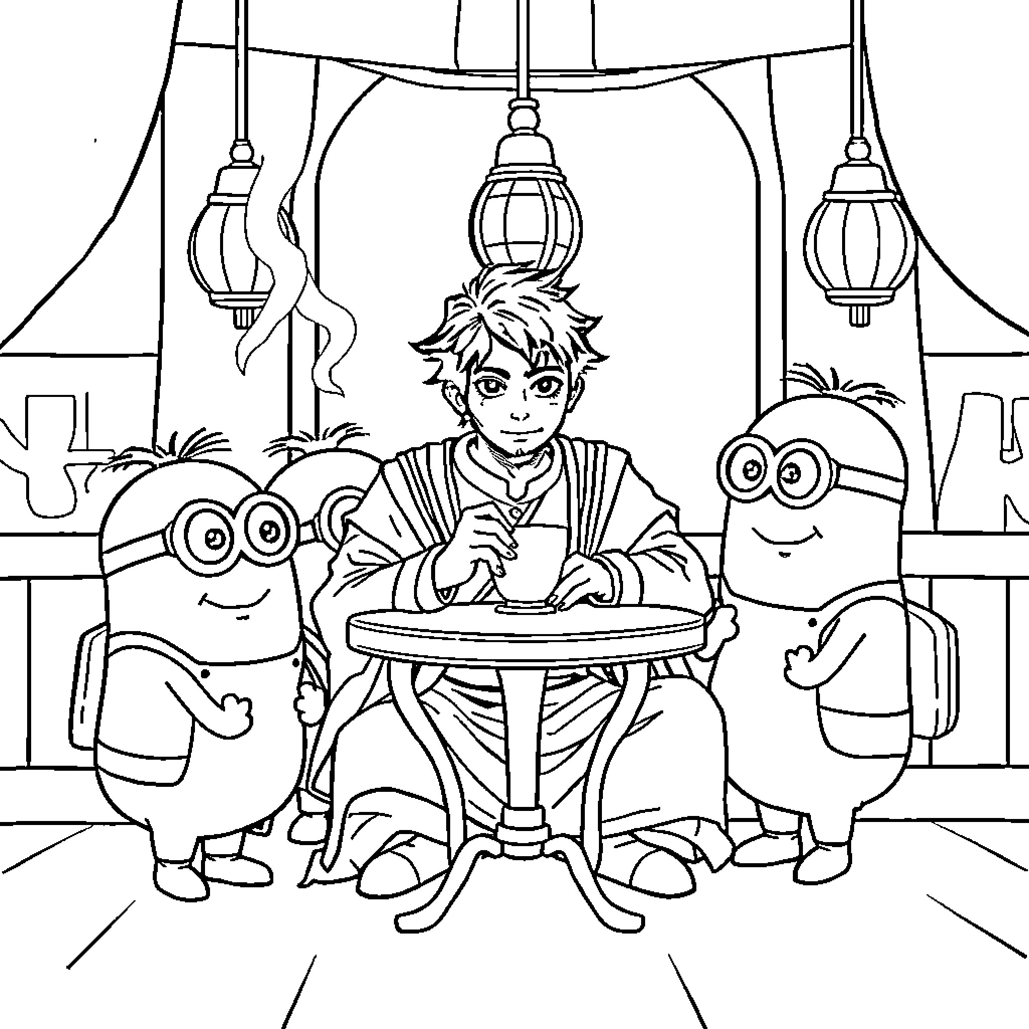 Prince Zuko and the Minions in a Dining Scene Coloring Page (free black-and-white line drawing printable PDF for all, from beginners to advanced learners, including children, teens, adults, and seniors)