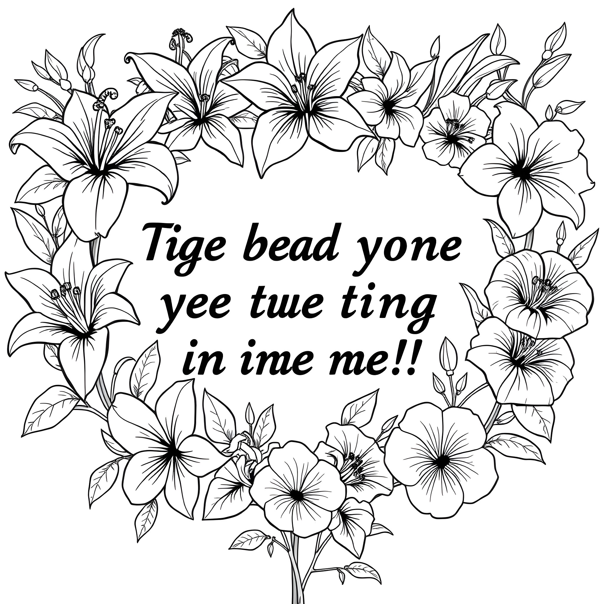 Floral wreath with whimsical message Coloring Page (free black-and-white line drawing printable PDF for all, from beginners to advanced learners, including children, teens, adults, and seniors)