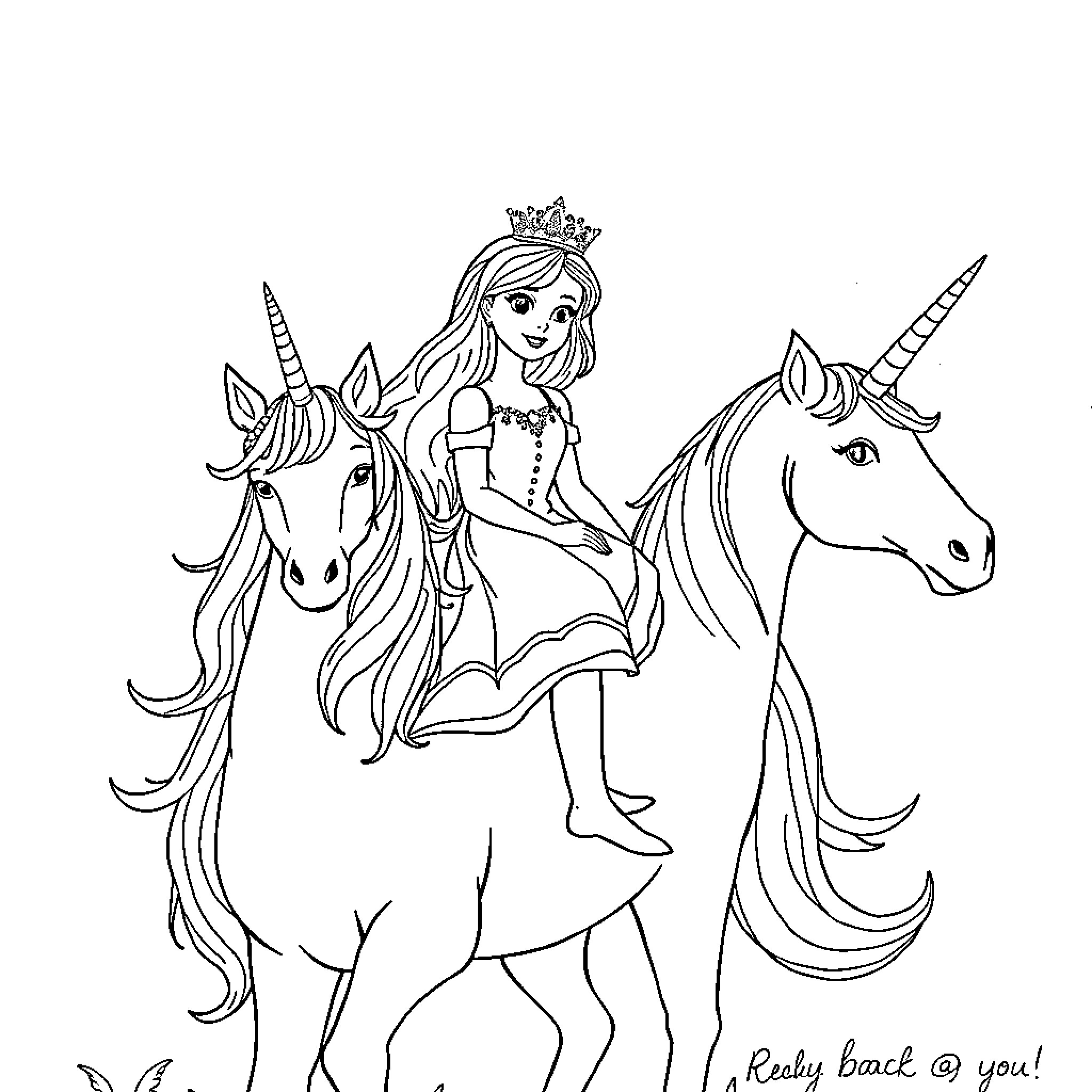 Princess riding a magical unicorn Coloring Page (free black-and-white line drawing printable PDF for all, from beginners to advanced learners, including children, teens, adults, and seniors)