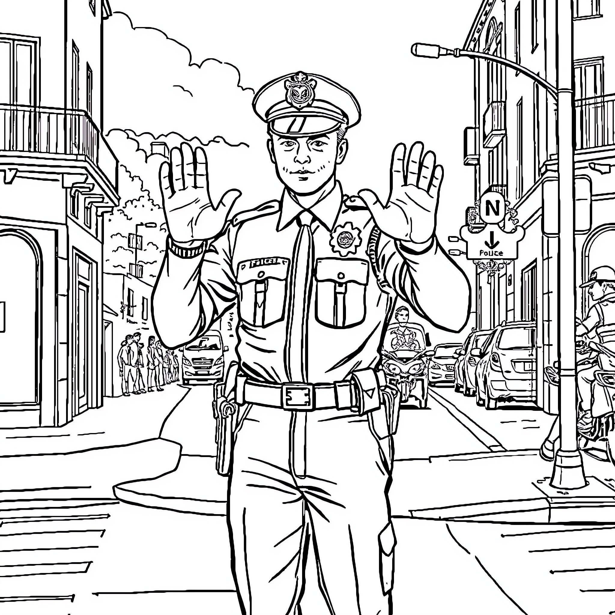 Police Officer Directing Traffic on City Street Coloring Page (free black-and-white line drawing printable PDF for all, from beginners to advanced learners, including children, teens, adults, and seniors)