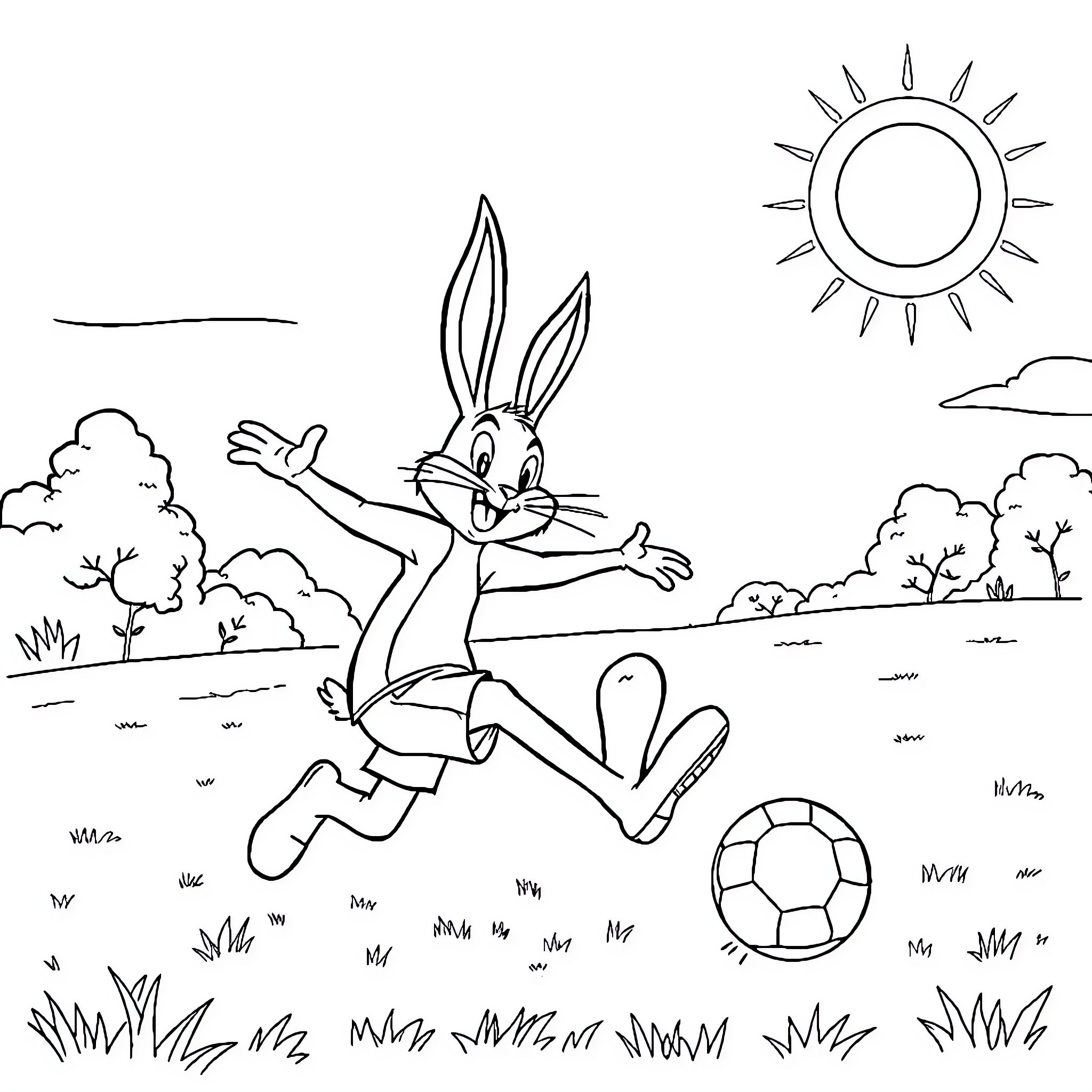 Bugs Bunny playing happily in the park Coloring Page (free black-and-white line drawing printable PDF for all, from beginners to advanced learners, including children, teens, adults, and seniors)
