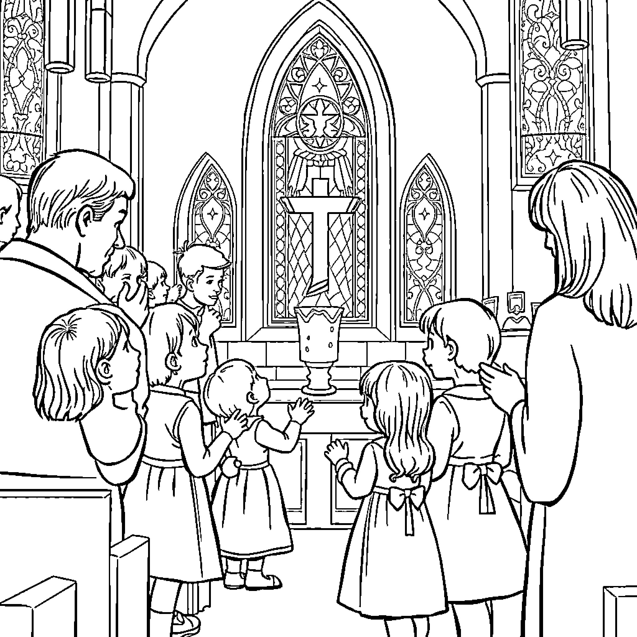 Children attending religious service in church Coloring Page (free black-and-white line drawing printable PDF for all, from beginners to advanced learners, including children, teens, adults, and seniors)