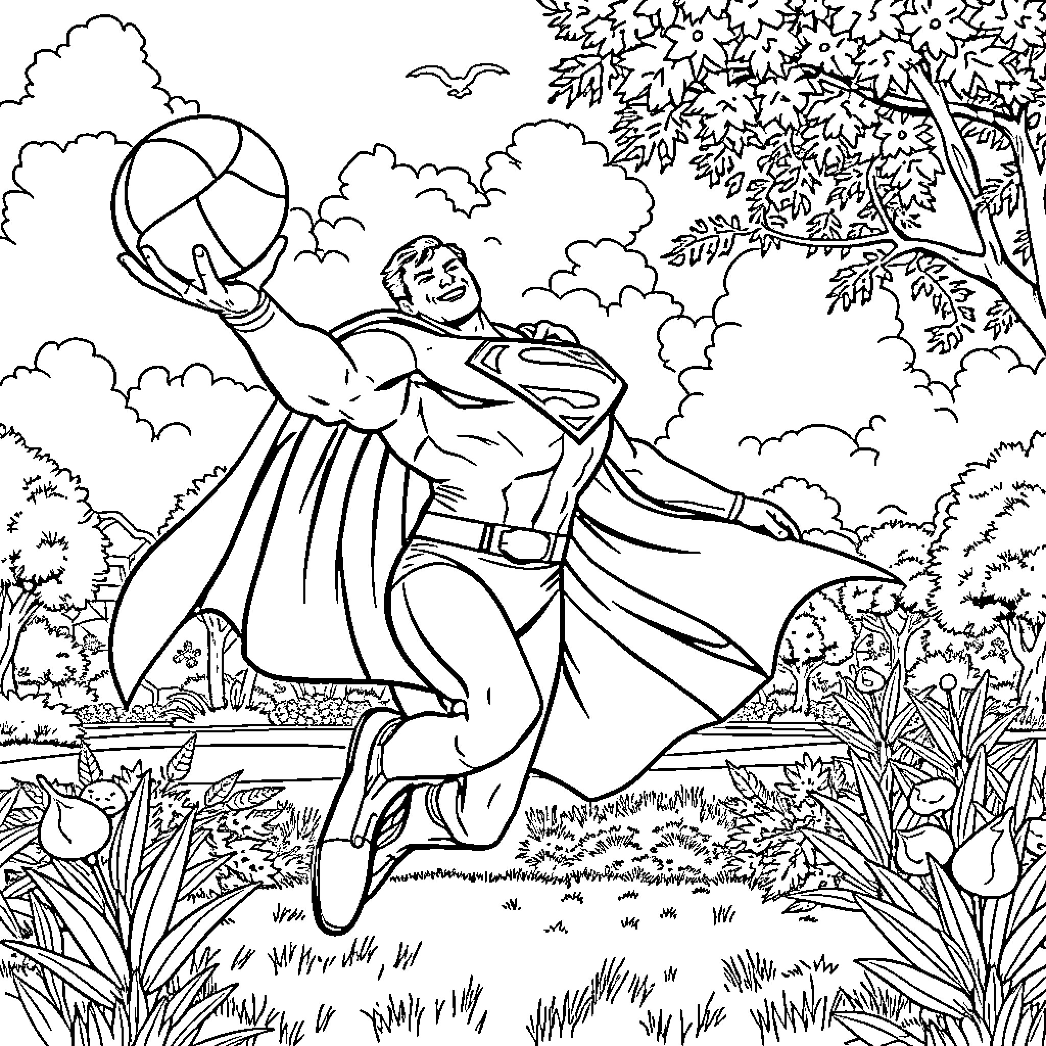 Superman heroically saves the day in nature Coloring Page (free black-and-white line drawing printable PDF for all, from beginners to advanced learners, including children, teens, adults, and seniors)