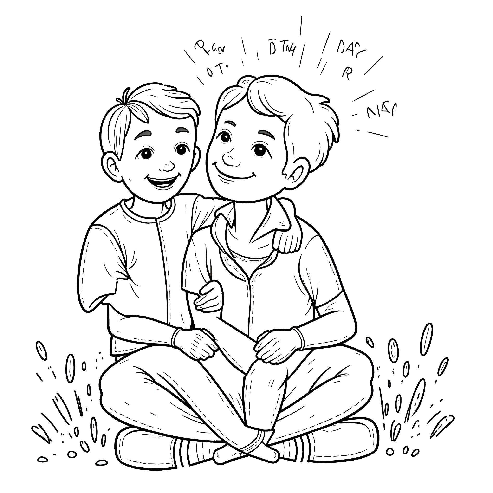 Father and son bonding together Coloring Page (free black-and-white line drawing printable PDF for all, from beginners to advanced learners, including children, teens, adults, and seniors)