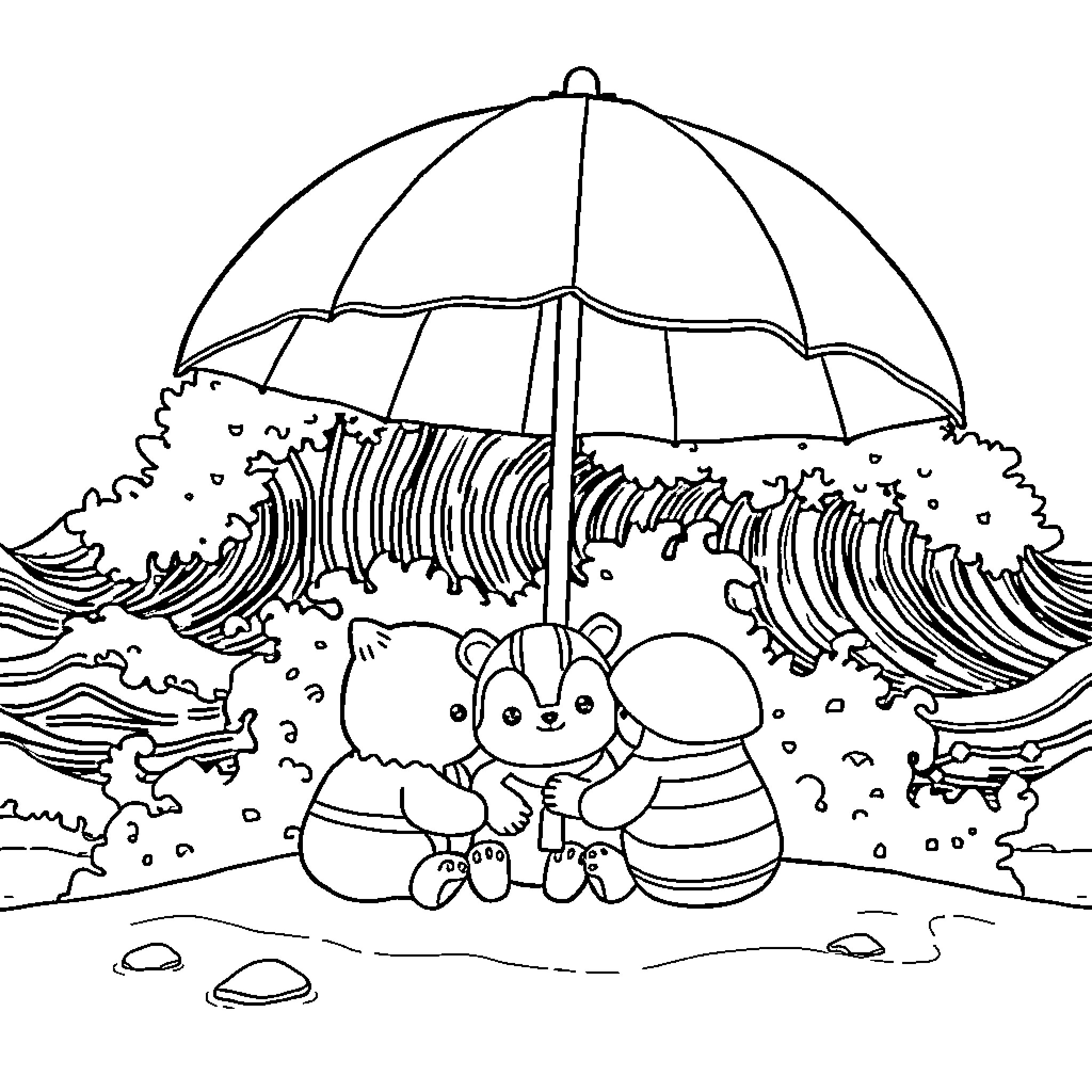 Creature under colorful umbrella in stormy landscape Coloring Page (free black-and-white line drawing printable PDF for all, from beginners to advanced learners, including children, teens, adults, and seniors)