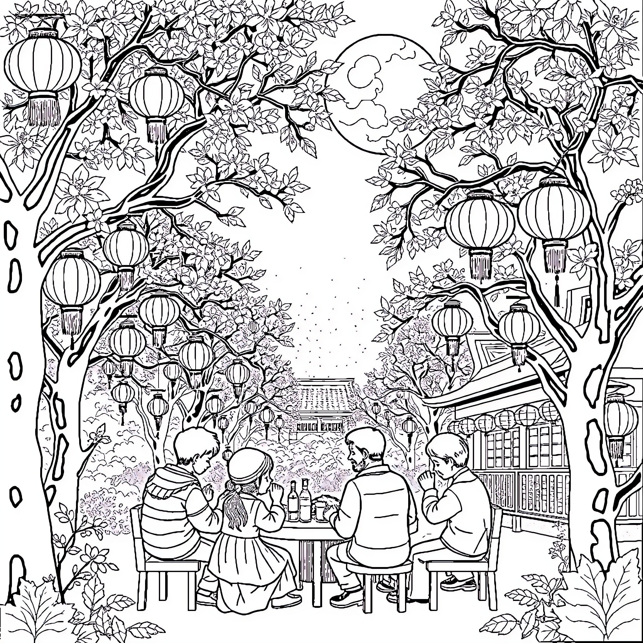 Autumn Festival: Celebration in a Moonlit Garden Coloring Page (free black-and-white line drawing printable PDF for all, from beginners to advanced learners, including children, teens, adults, and seniors)