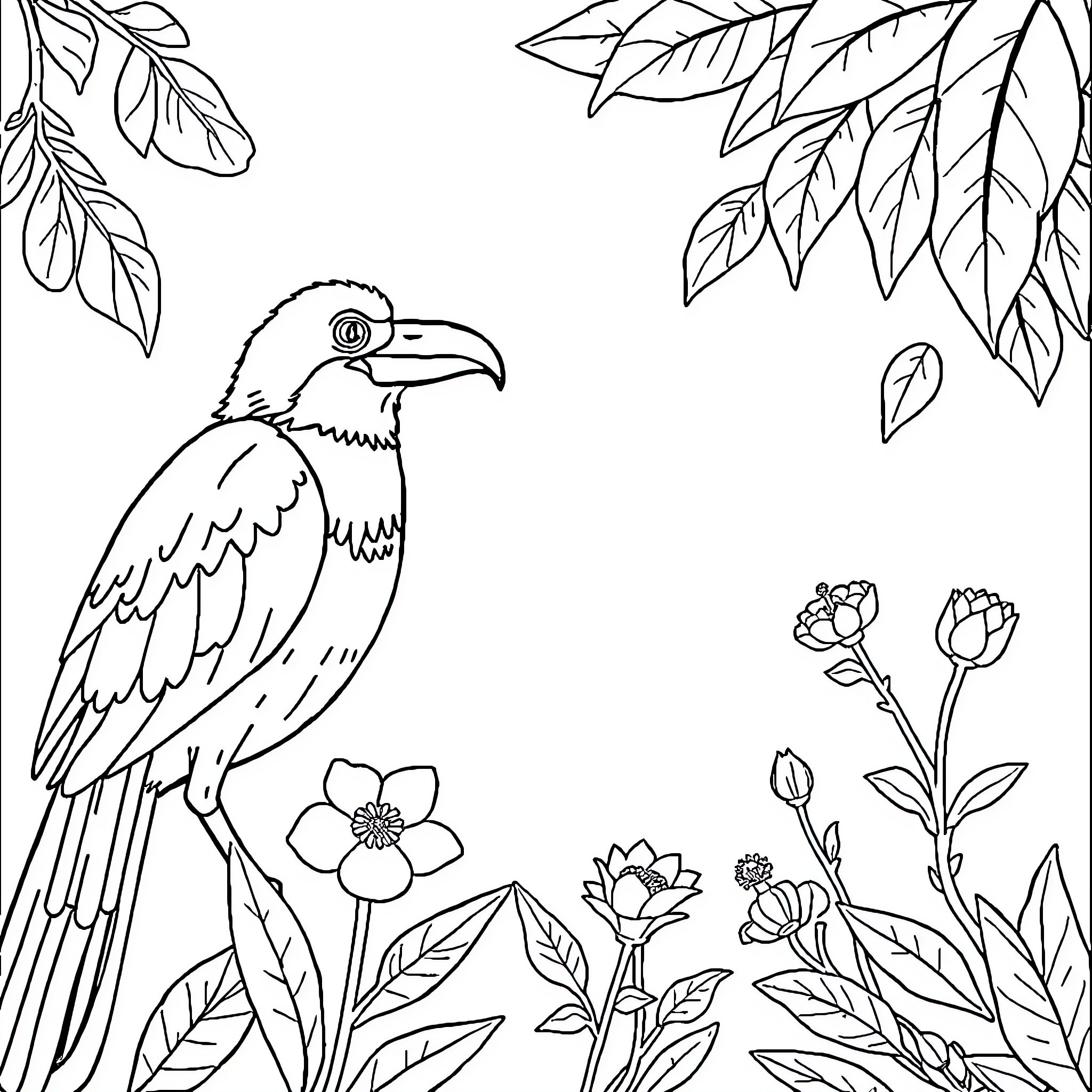 Biology of a Bird and Flowers in Nature Coloring Page (free black-and-white line drawing printable PDF for all, from beginners to advanced learners, including children, teens, adults, and seniors)