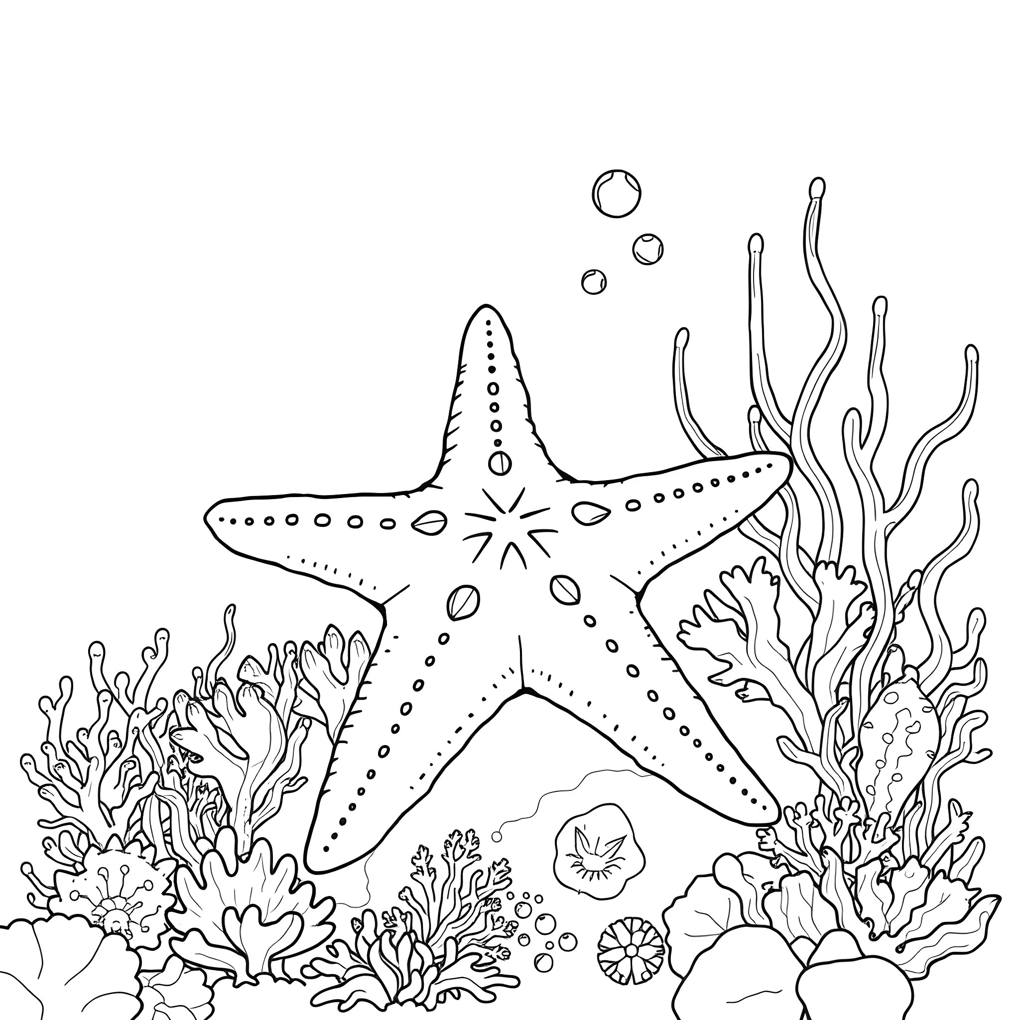Starfish surrounded by coral reefs and sea life Coloring Page (free black-and-white line drawing printable PDF for all, from beginners to advanced learners, including children, teens, adults, and seniors)