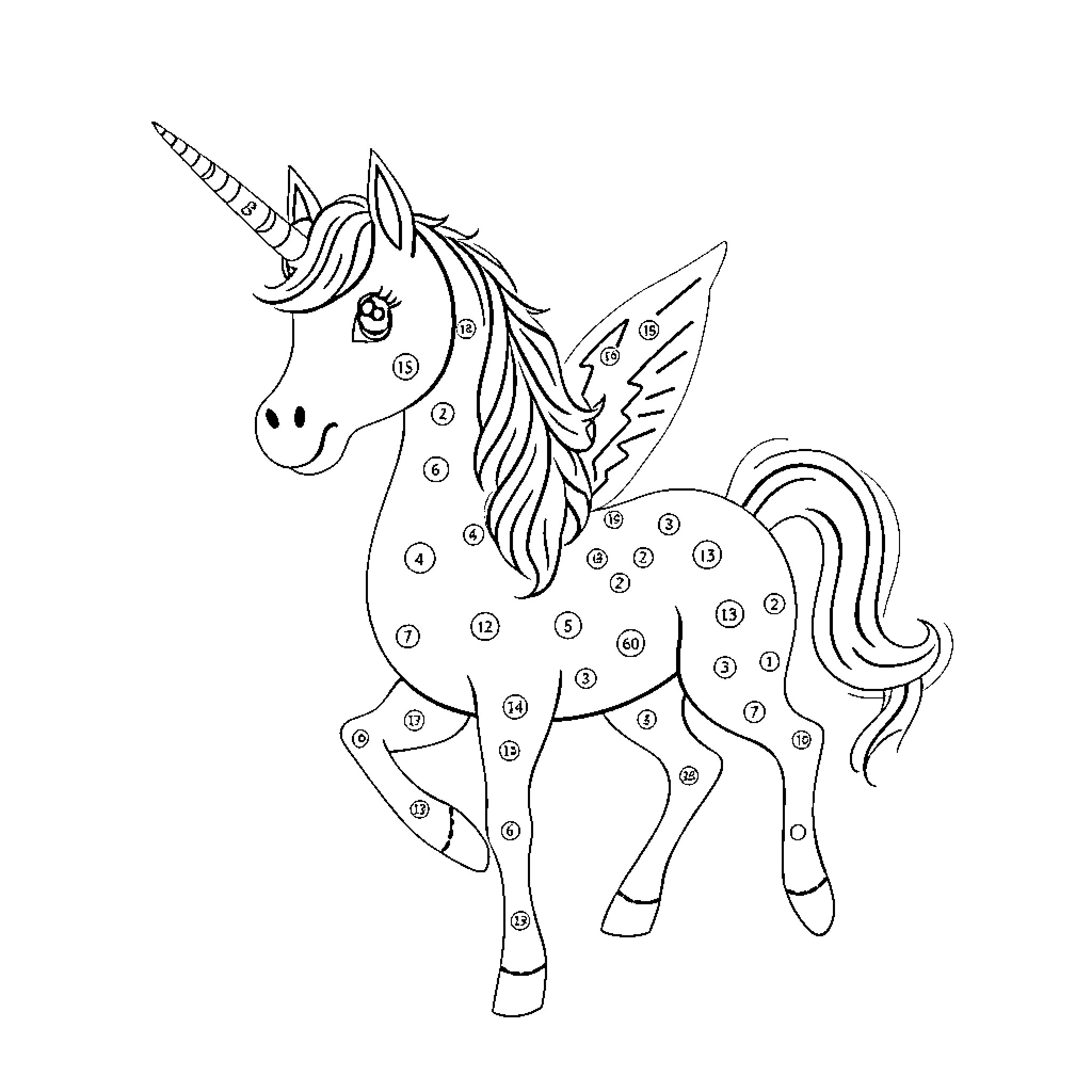 Unicorn coloring page with numbered sections Coloring Page (free black-and-white line drawing printable PDF for all, from beginners to advanced learners, including children, teens, adults, and seniors)