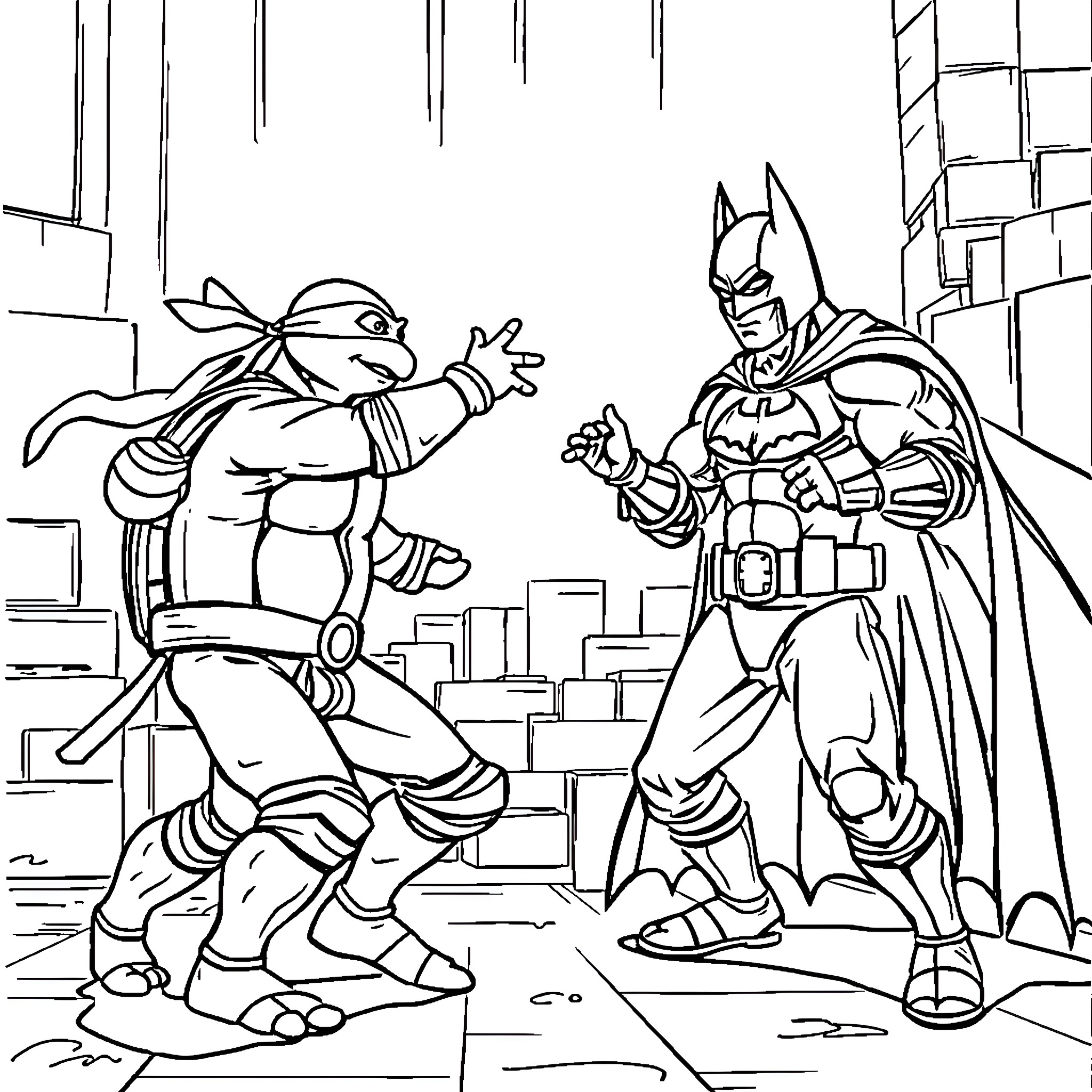 Teenage Mutant Ninja Turtle meets Batman in the city Coloring Page (free black-and-white line drawing printable PDF for all, from beginners to advanced learners, including children, teens, adults, and seniors)