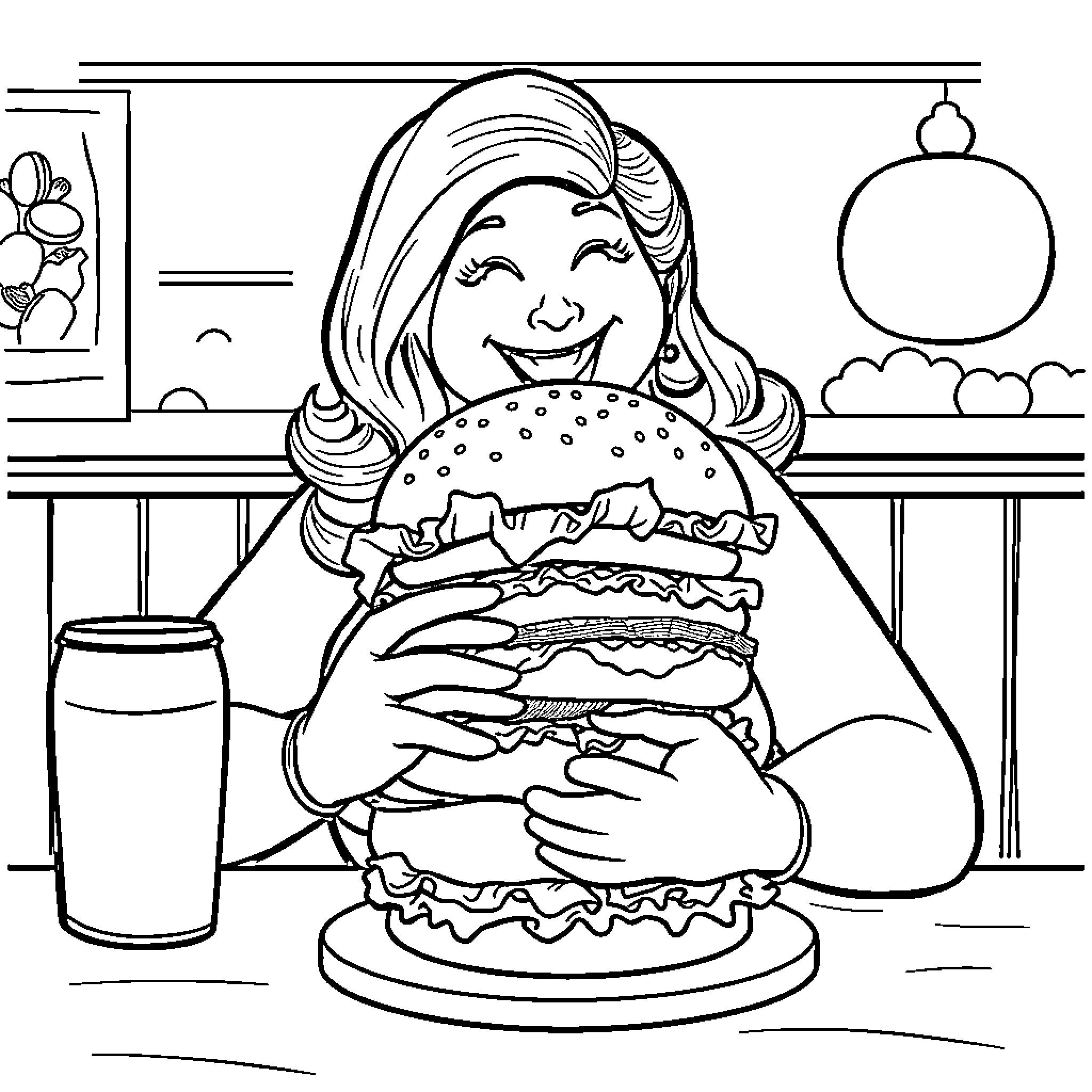 Lady savoring a delightful burger in a cozy setting Coloring Page (free black-and-white line drawing printable PDF for all, from beginners to advanced learners, including children, teens, adults, and seniors)