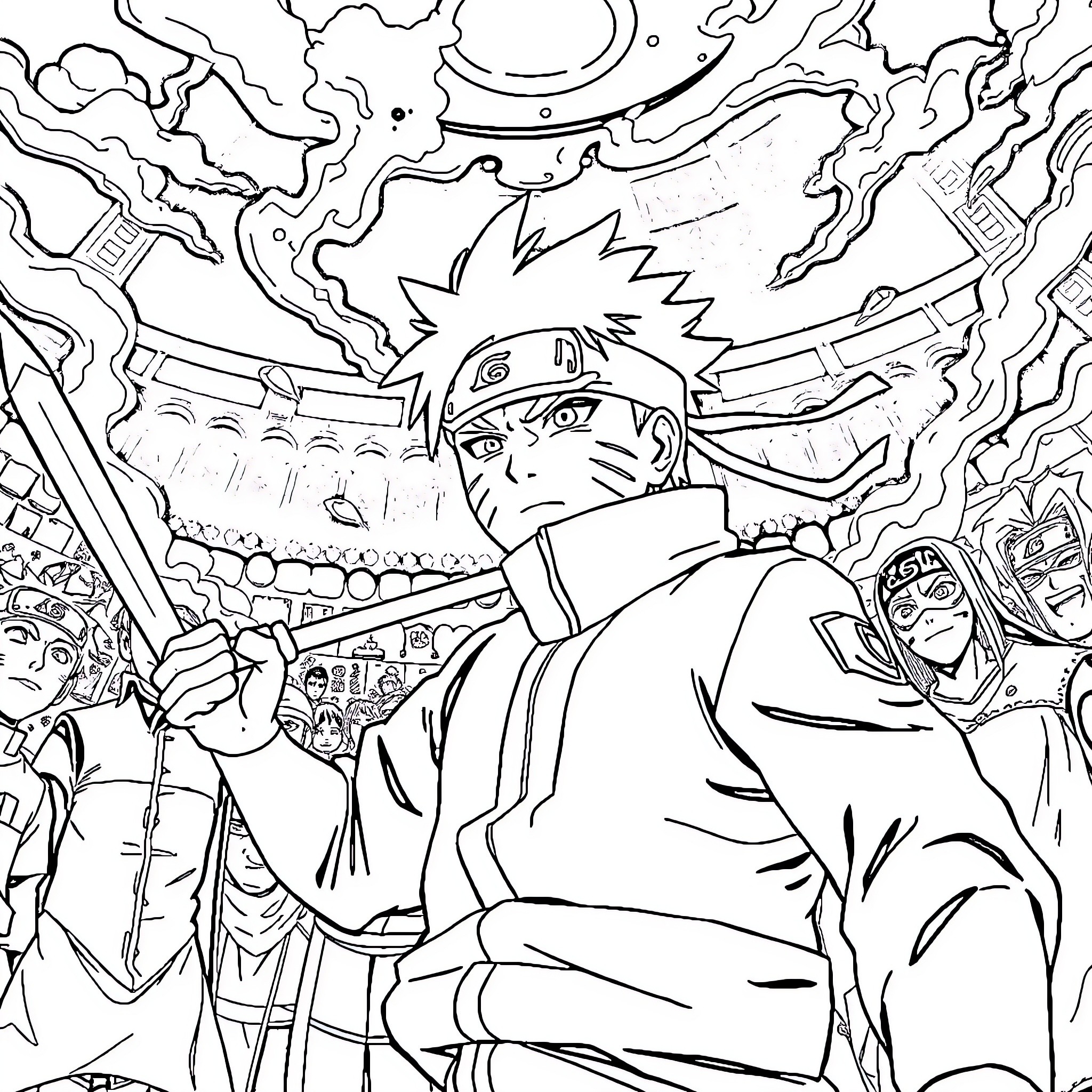 Naruto engaged in intense battle with determination Coloring Page (free black-and-white line drawing printable PDF for all, from beginners to advanced learners, including children, teens, adults, and seniors)
