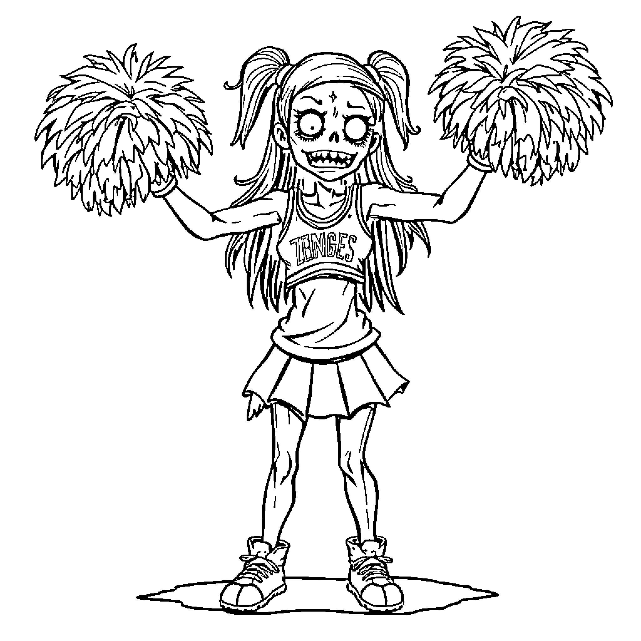 Zombie Cheerleader Celebrates with Pom-Poms Coloring Page (free black-and-white line drawing printable PDF for all, from beginners to advanced learners, including children, teens, adults, and seniors)