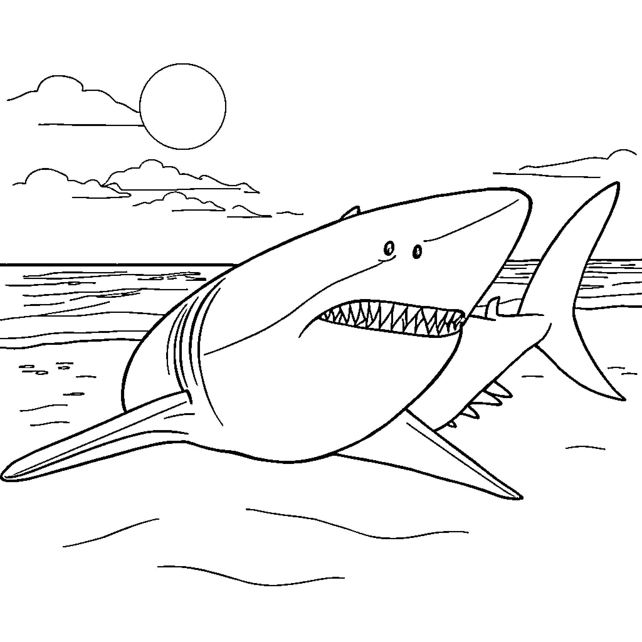Jaw-Dropping Shark Swims in Oceanic Serenity Coloring Page (free black-and-white line drawing printable PDF for all, from beginners to advanced learners, including children, teens, adults, and seniors)