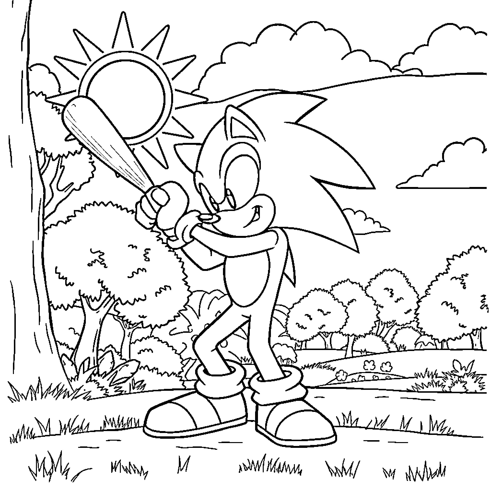 Sonic the Hedgehog exploring vibrant outdoor scene Coloring Page (free black-and-white line drawing printable PDF for all, from beginners to advanced learners, including children, teens, adults, and seniors)