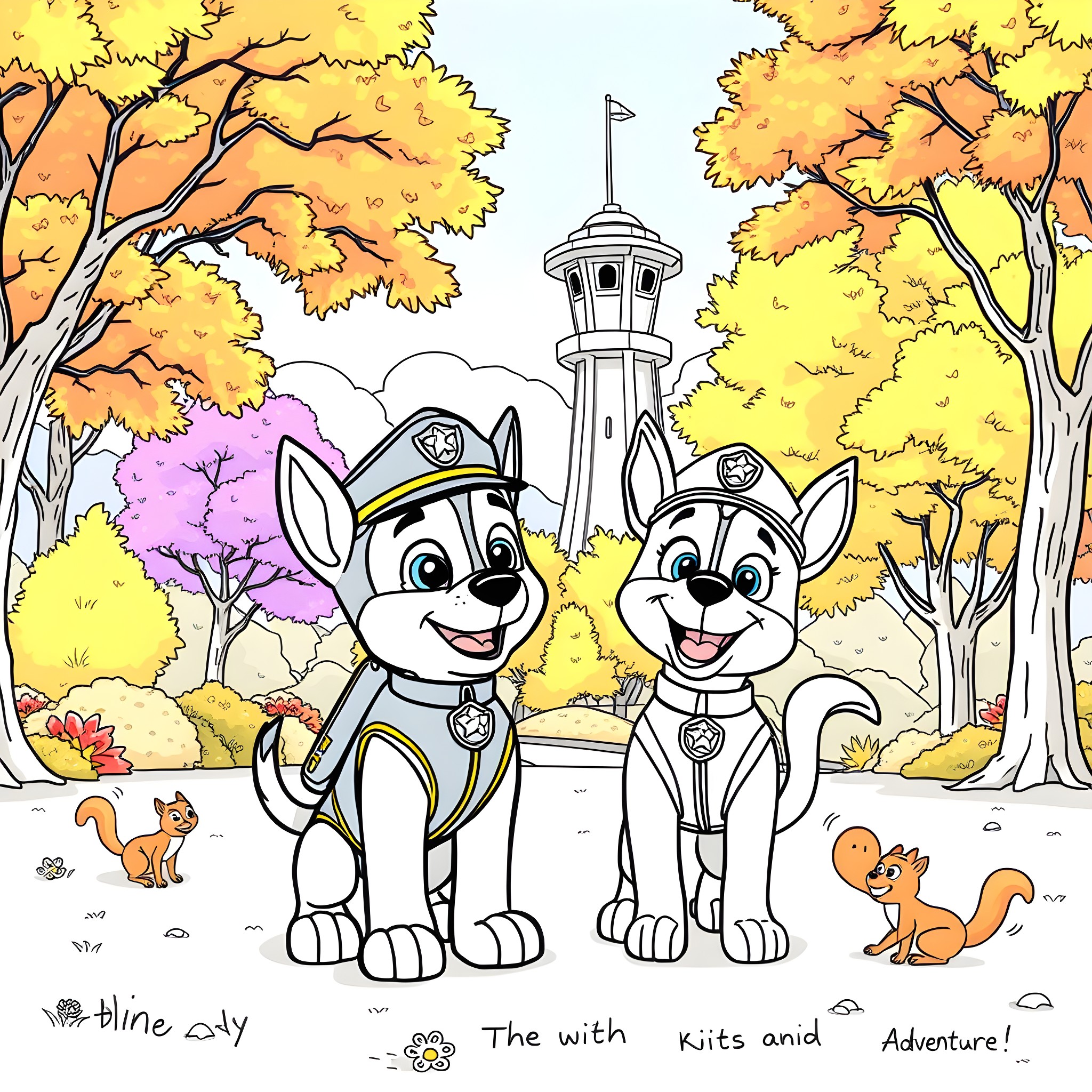 Chase through the Autumn Adventure Coloring Page (free black-and-white line drawing printable PDF for all, from beginners to advanced learners, including children, teens, adults, and seniors)