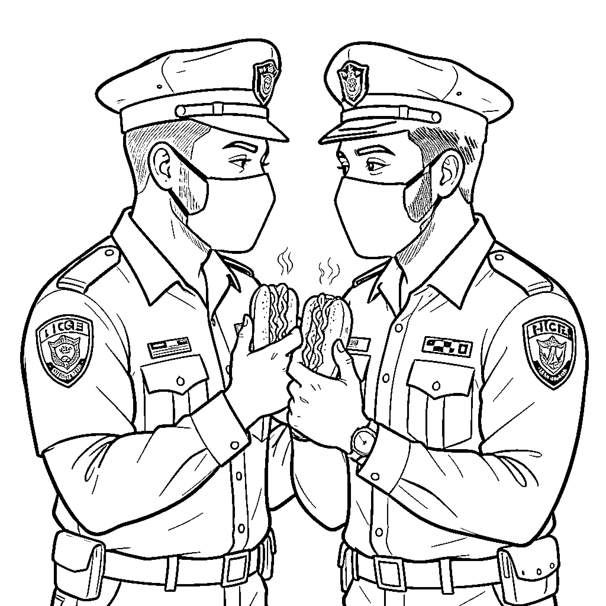Ice Agent officers eating hot dogs together Coloring Page (free black-and-white line drawing printable PDF for all, from beginners to advanced learners, including children, teens, adults, and seniors)