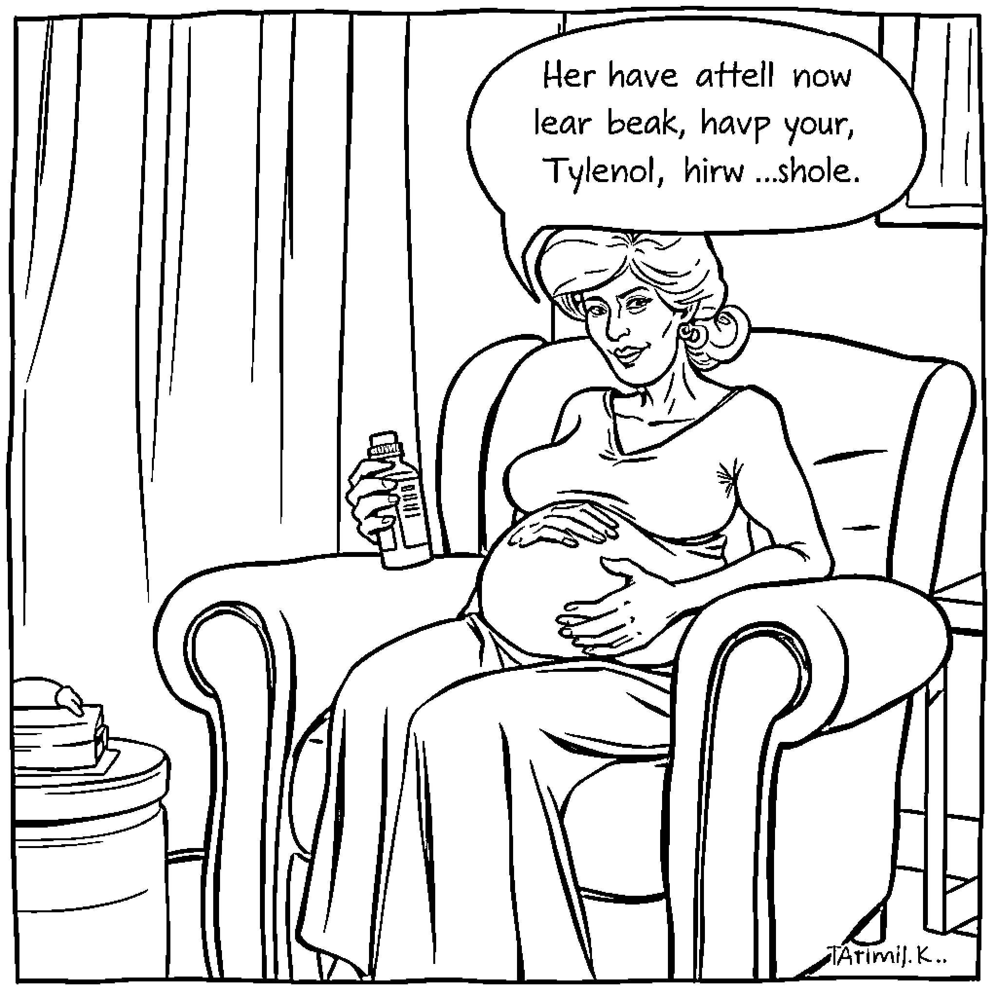 Mother coping with discomfort during pregnancy Coloring Page (free black-and-white line drawing printable PDF for all, from beginners to advanced learners, including children, teens, adults, and seniors)