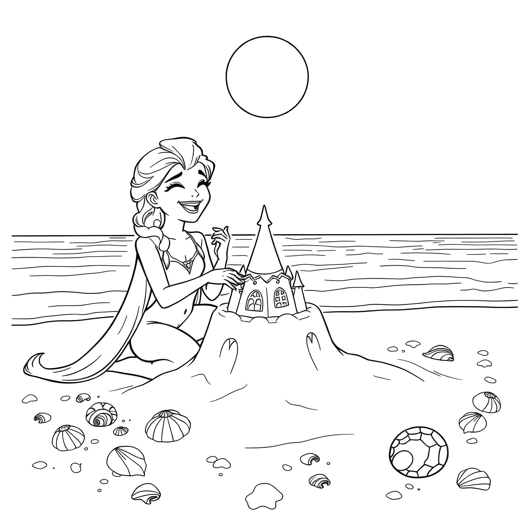 Elsa playing happily with sand castle on the beach Coloring Page (free black-and-white line drawing printable PDF for all, from beginners to advanced learners, including children, teens, adults, and seniors)