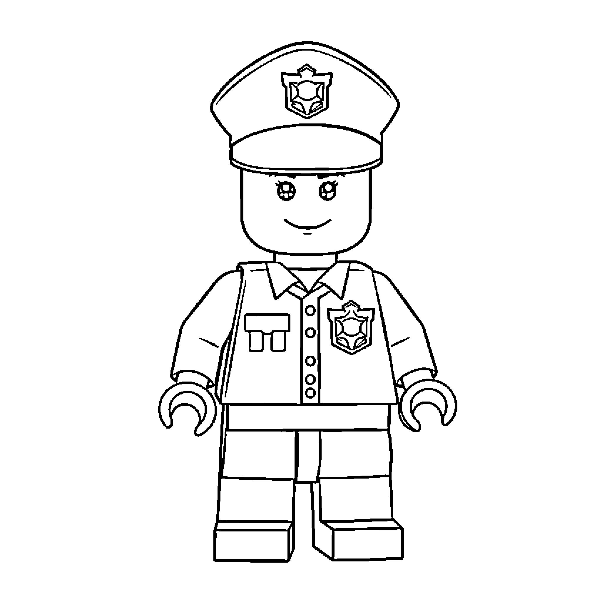 Lego Cop in Police Uniform Smiling Coloring Page (free black-and-white line drawing printable PDF for all, from beginners to advanced learners, including children, teens, adults, and seniors)