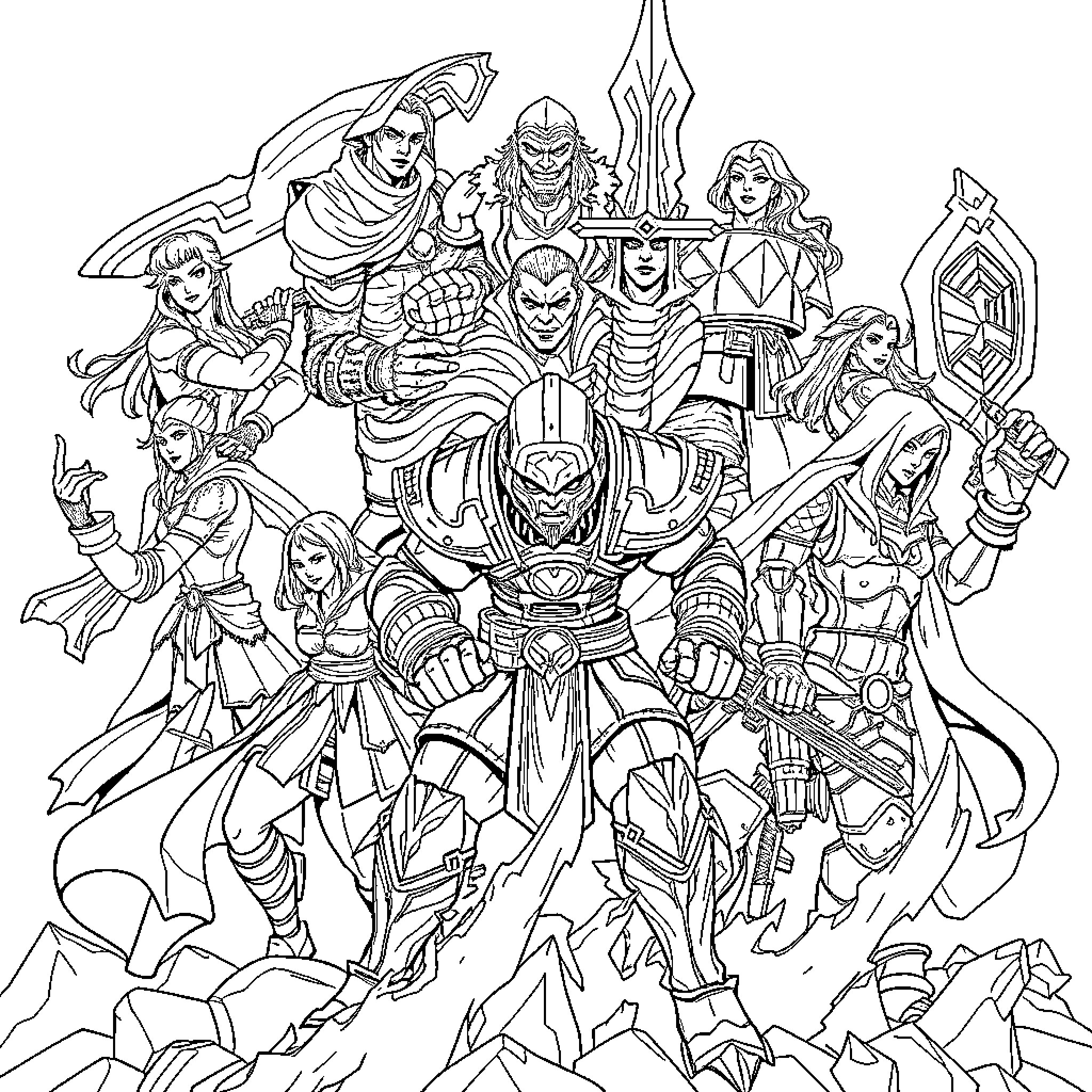 Hero Warriors Assembled for Epic Battle Coloring Page (free black-and-white line drawing printable PDF for all, from beginners to advanced learners, including children, teens, adults, and seniors)