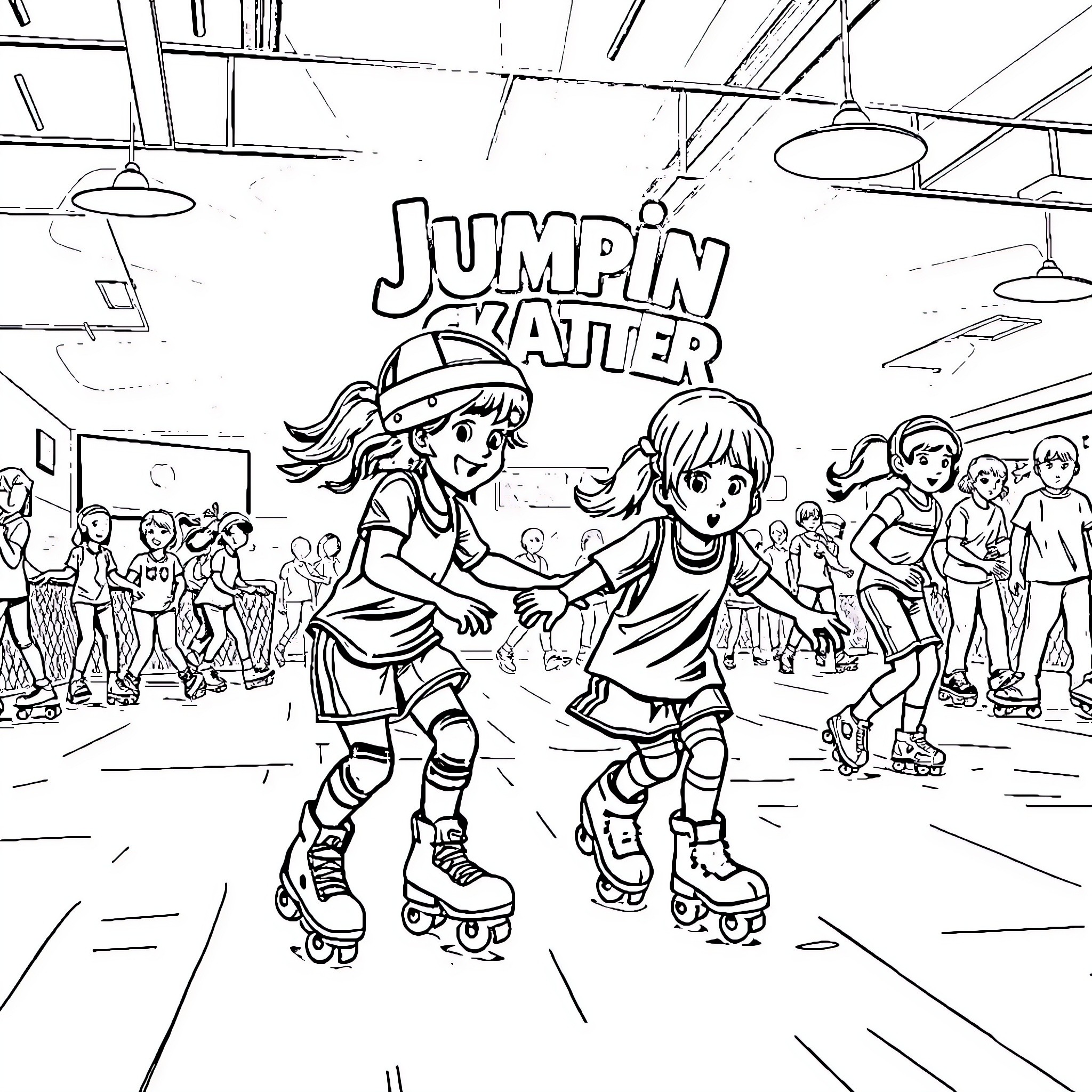 Roller Skating Friends Having Fun At The Rink Coloring Page (free black-and-white line drawing printable PDF for all, from beginners to advanced learners, including children, teens, adults, and seniors)