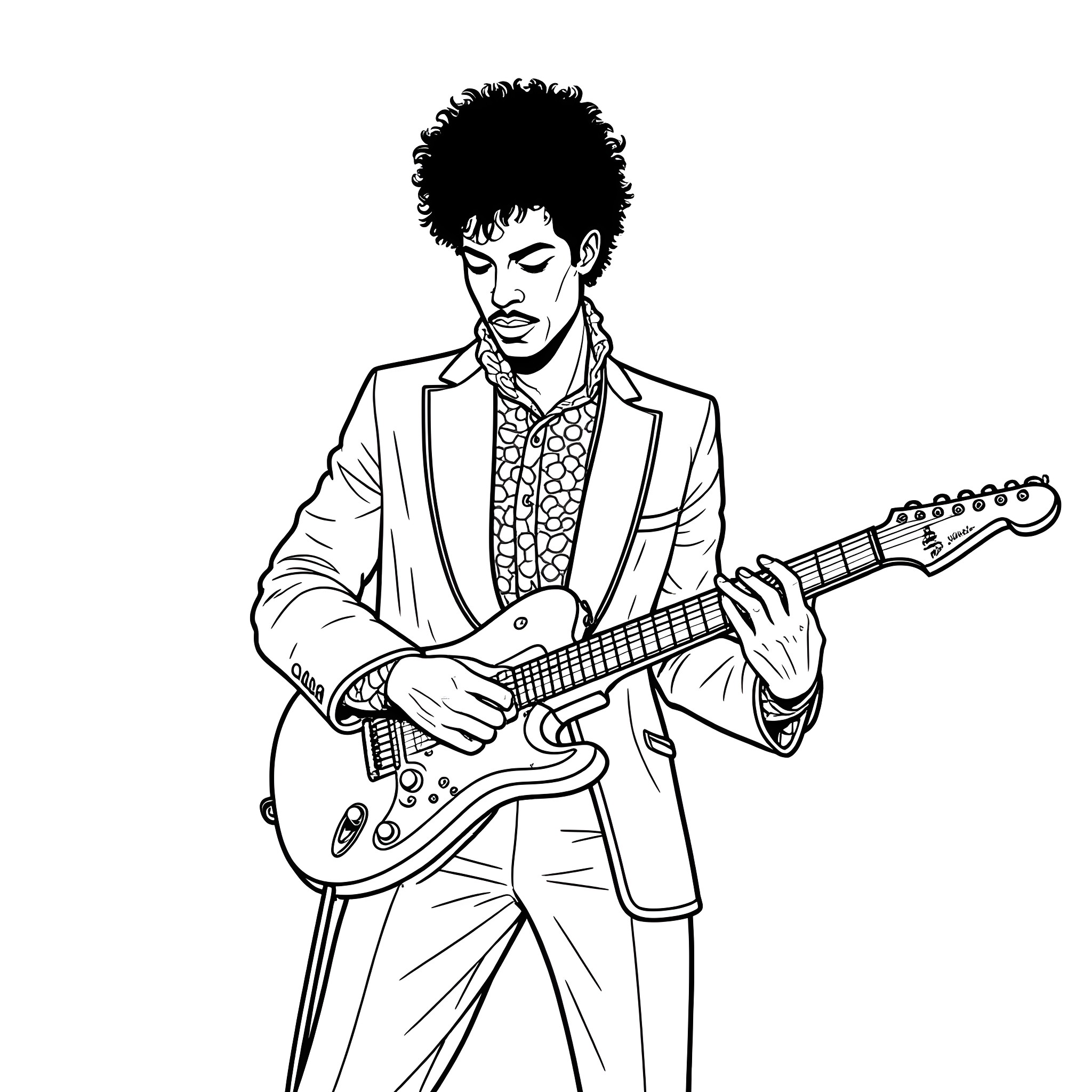 Prince playing guitar on stage Coloring Page (free black-and-white line drawing printable PDF for all, from beginners to advanced learners, including children, teens, adults, and seniors)