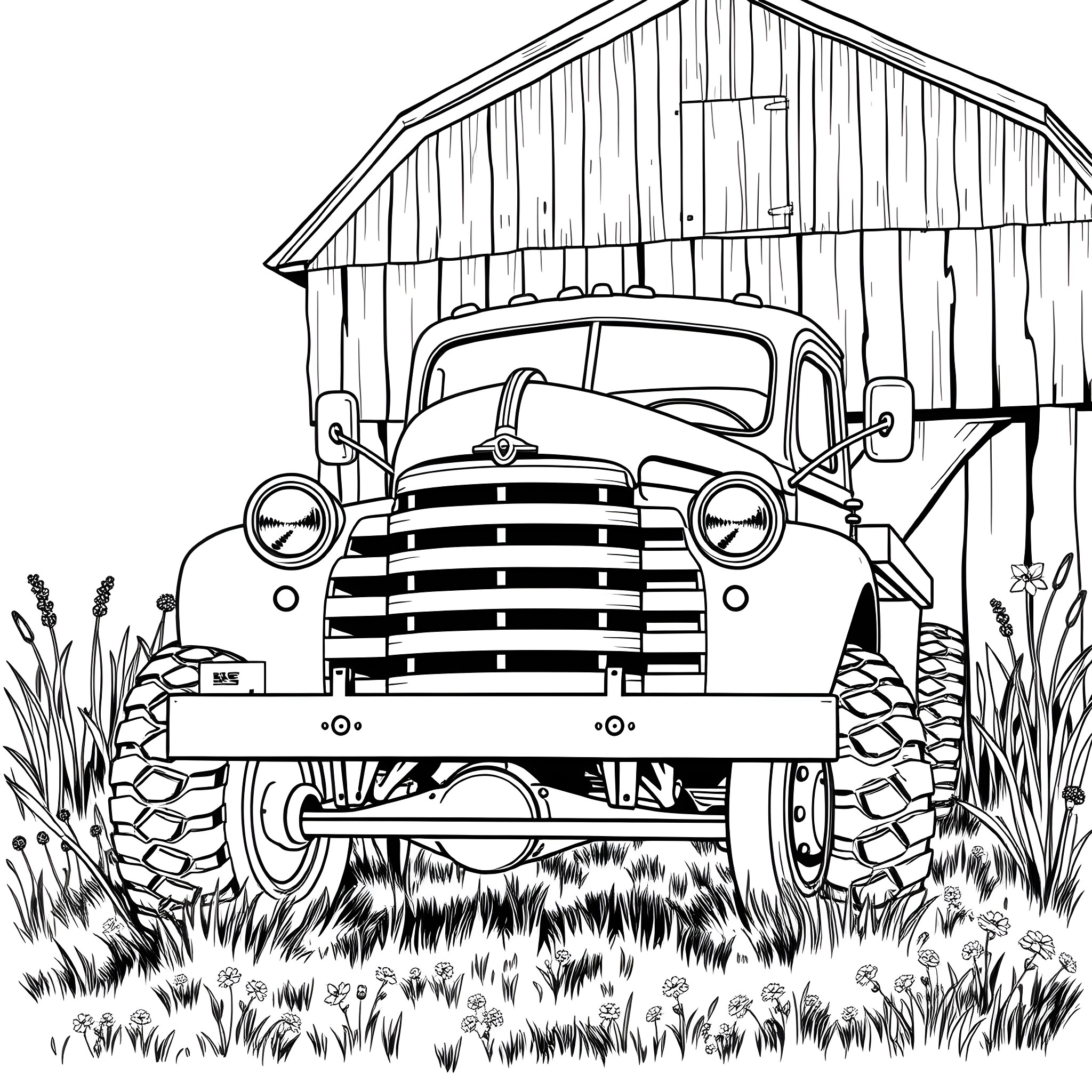 Truck parked in front of a rustic barn Coloring Page (free black-and-white line drawing printable PDF for all, from beginners to advanced learners, including children, teens, adults, and seniors)