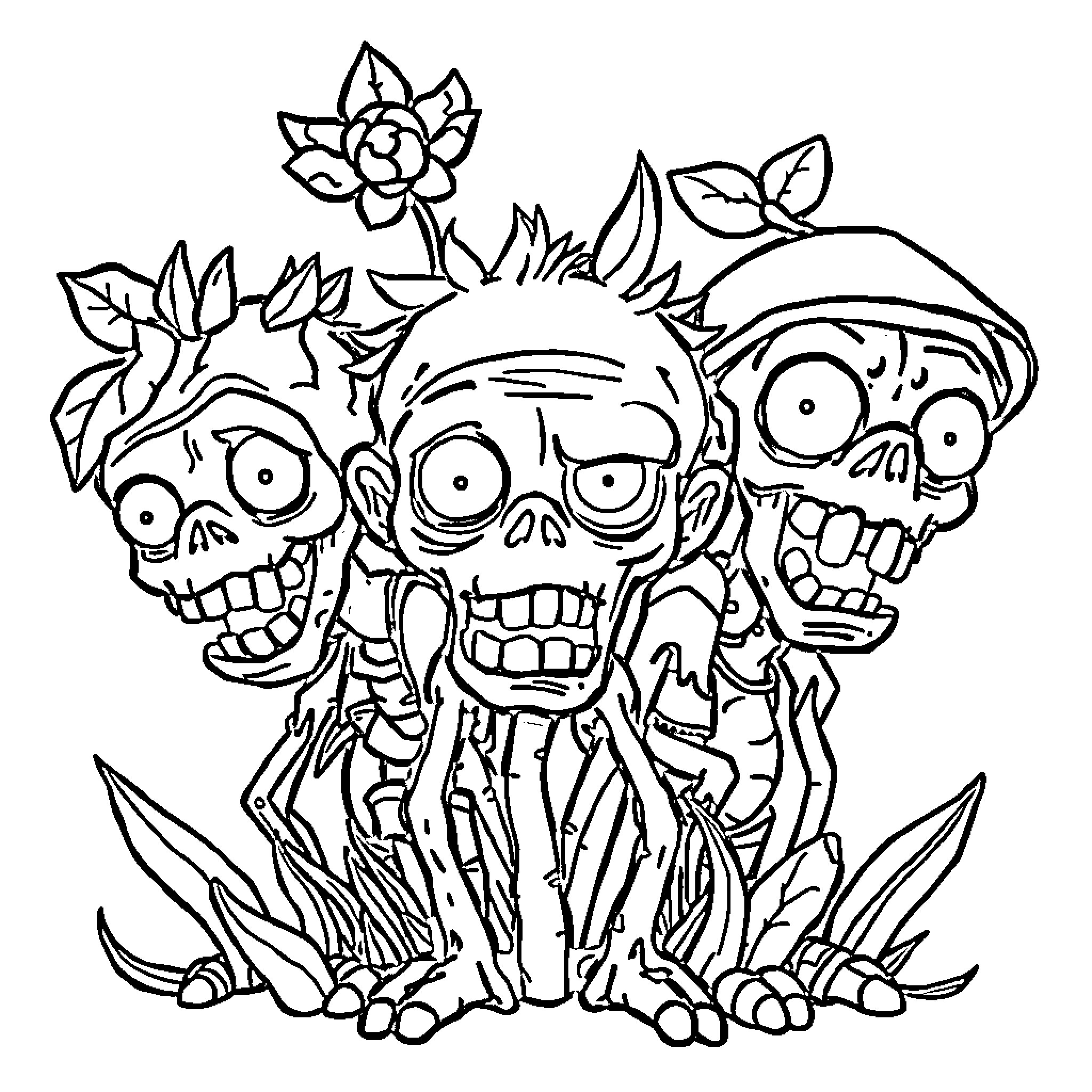 Plant Zombies Gathering in the Garden Coloring Page (free black-and-white line drawing printable PDF for all, from beginners to advanced learners, including children, teens, adults, and seniors)