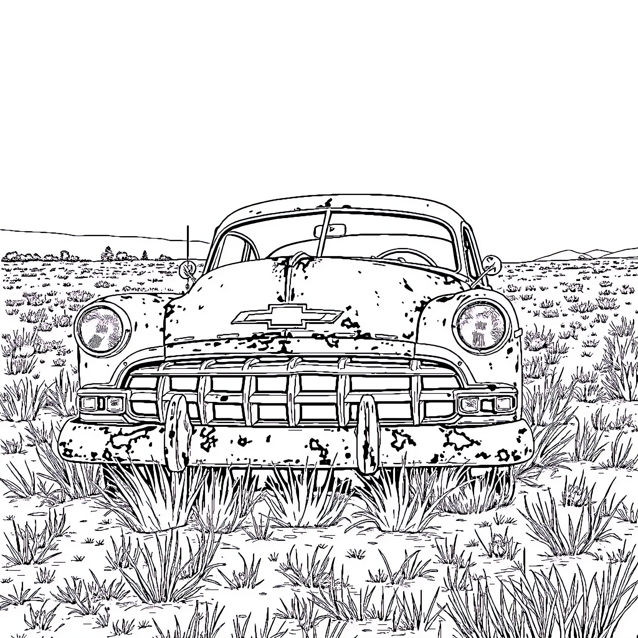 Chevrolet vintage car abandoned in rural landscape Coloring Page (free black-and-white line drawing printable PDF for all, from beginners to advanced learners, including children, teens, adults, and seniors)